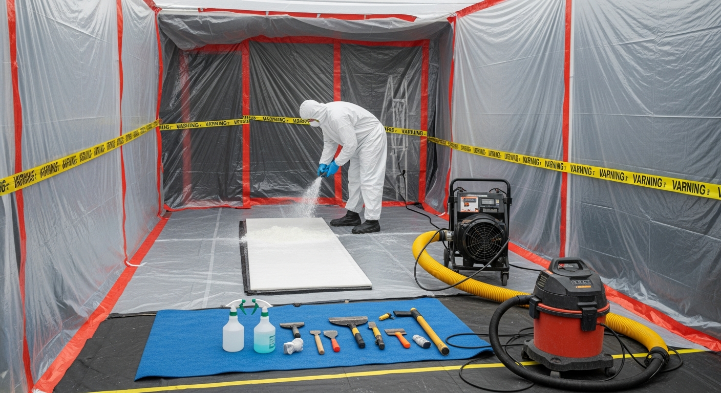 Asbestos removal professionals preparing containment