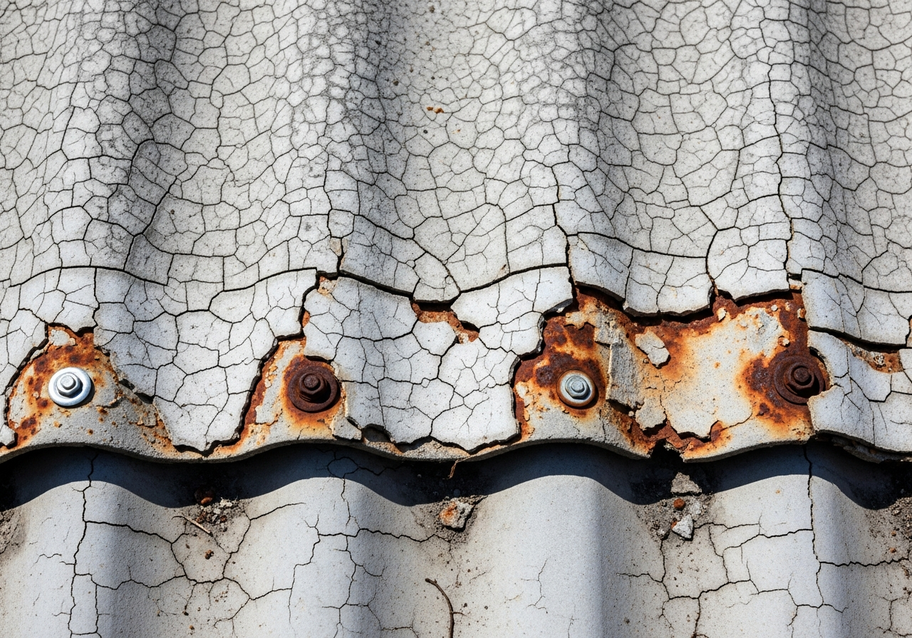 Cracked corrugated asbestos roof panel