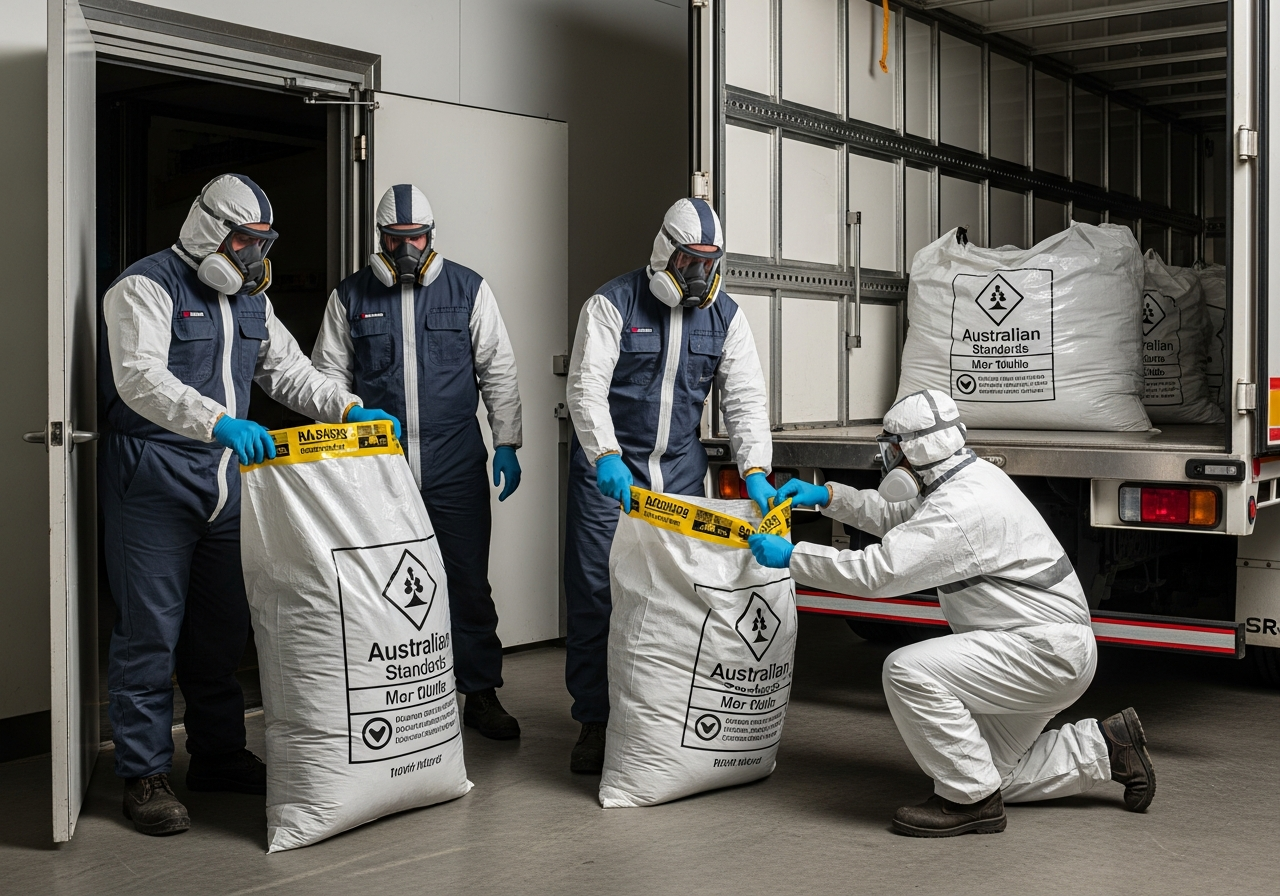 Asbestos waste packaged for disposal