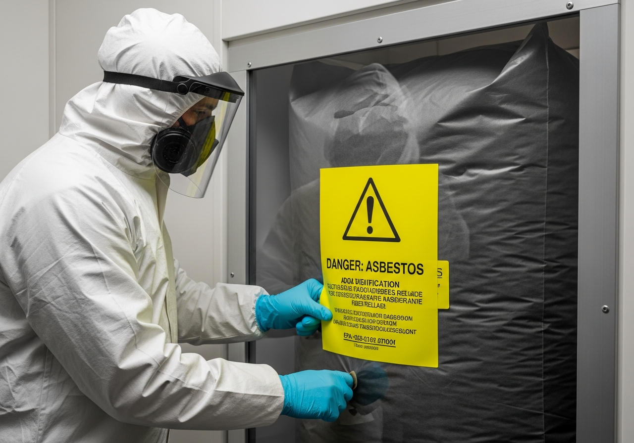 Licensed asbestos abatement professional checking containment