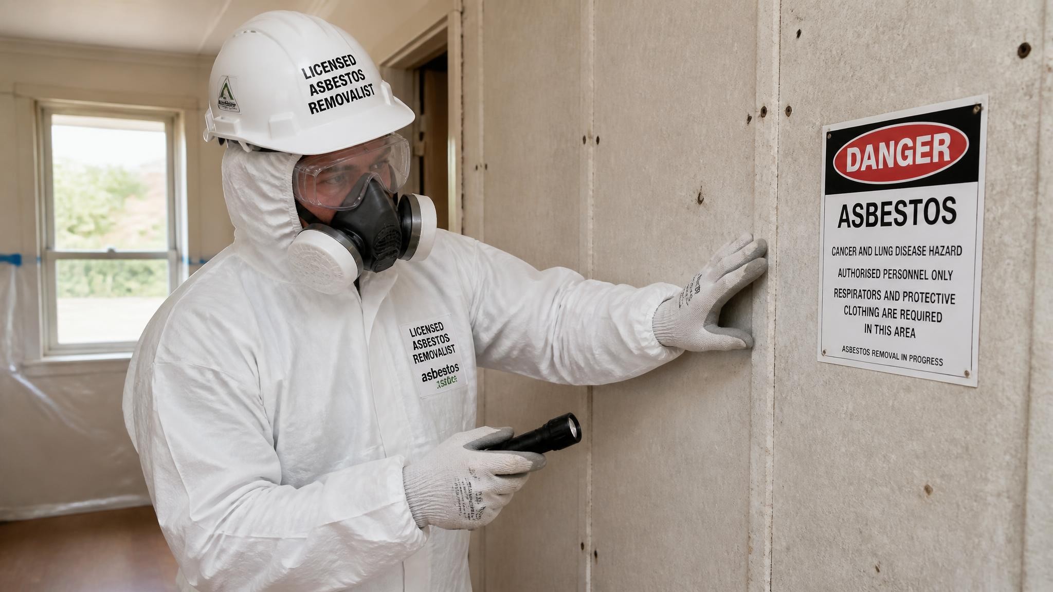 Licensed asbestos removalist inspecting asbestos materials