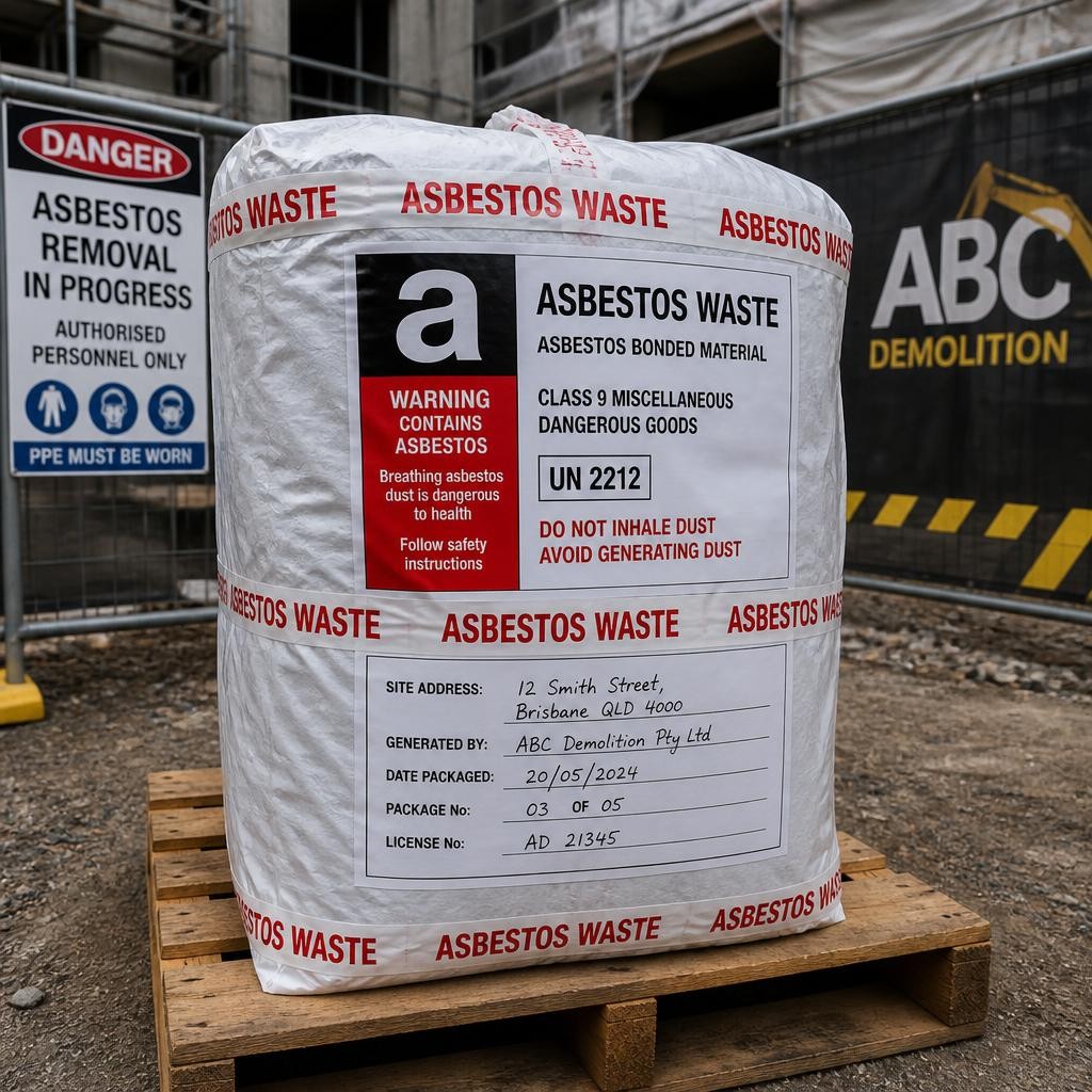 Sealed asbestos waste prepared for compliant transport