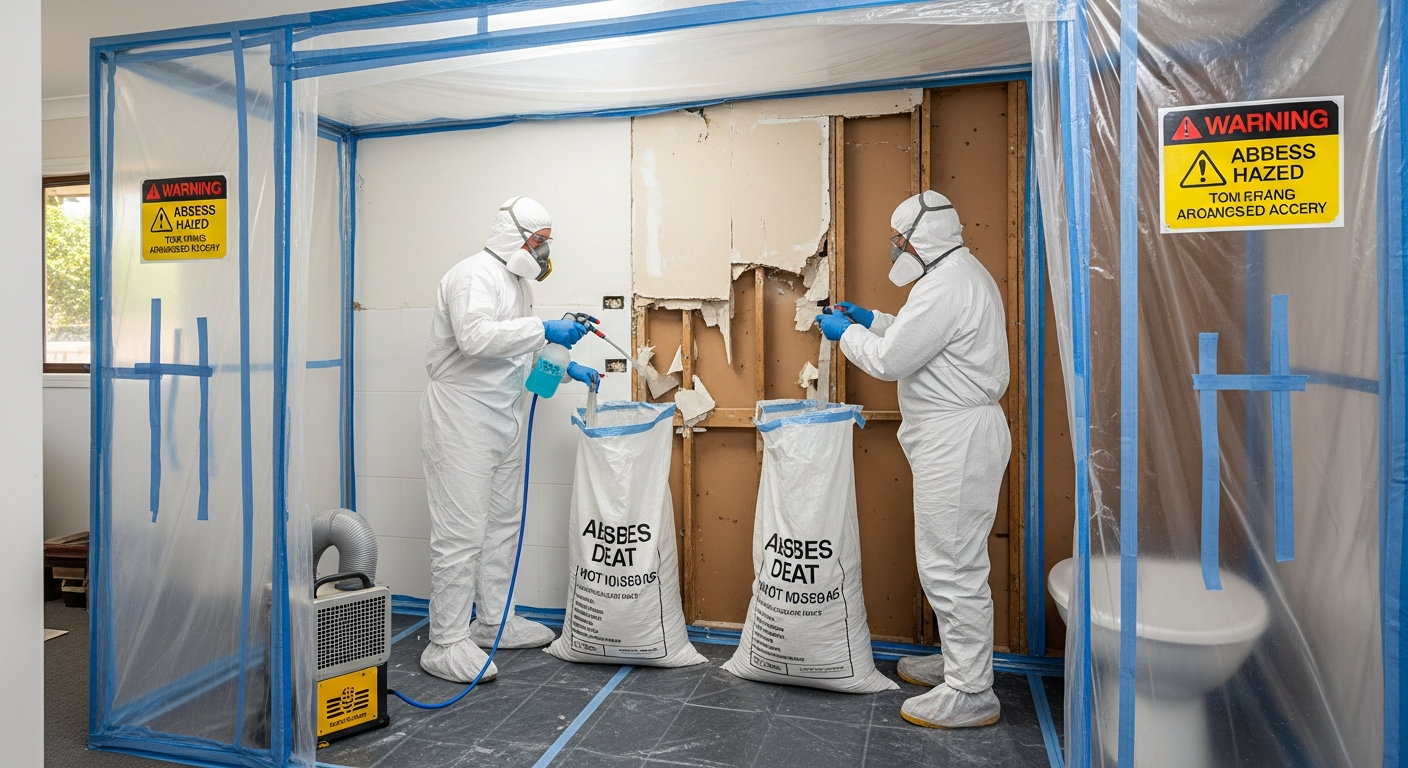 Asbestos bathroom wall removal in progress