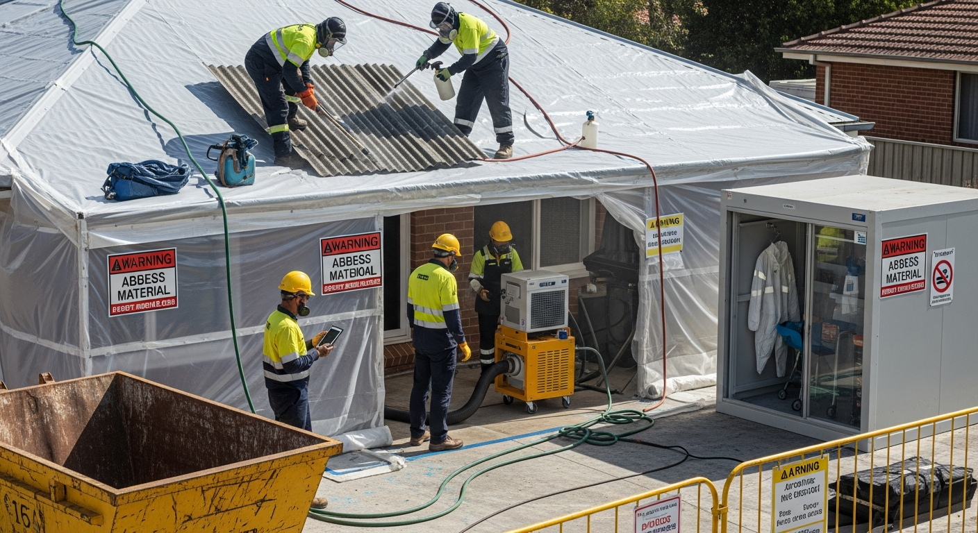 Asbestos roof removal crew