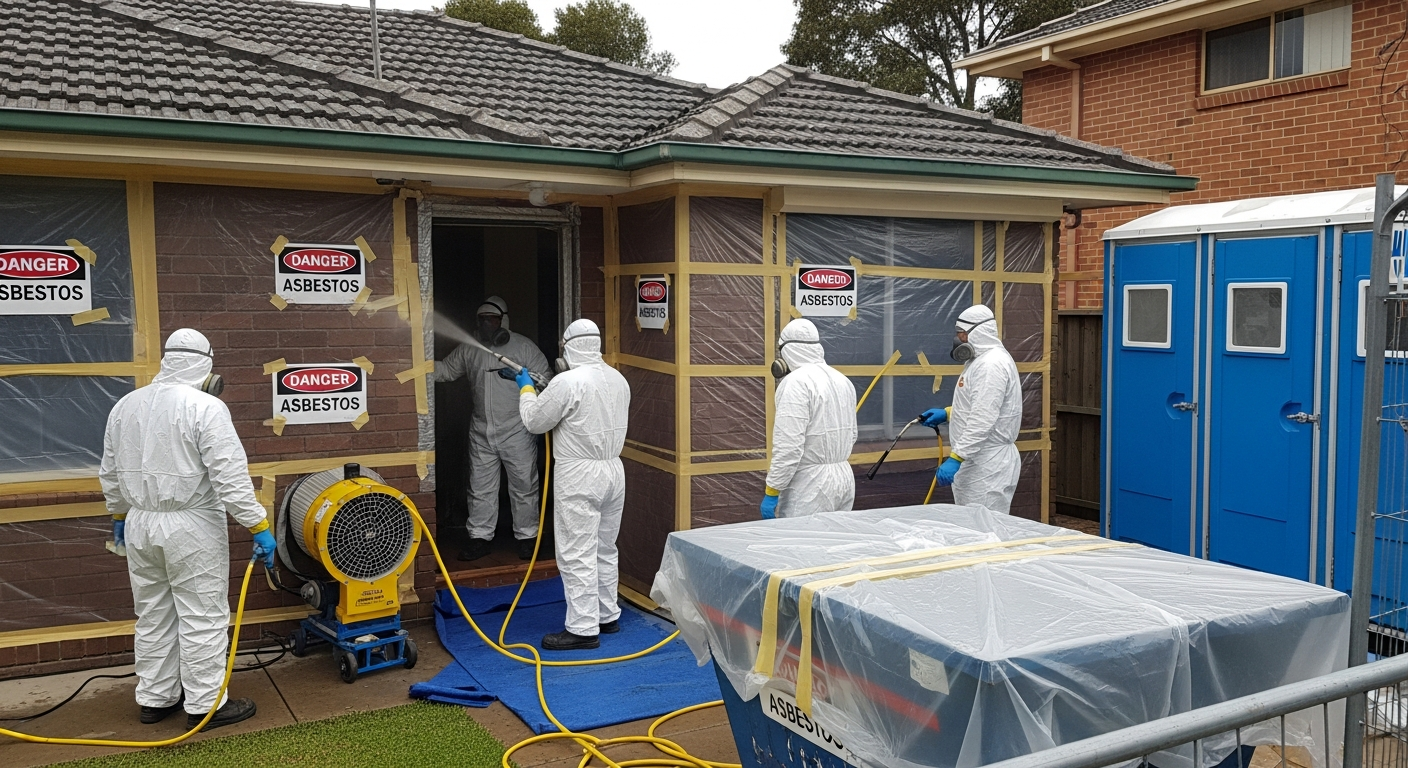 Asbestos removal team preparing site