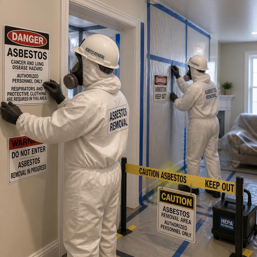 Professional asbestos removal team preparing a contained work area