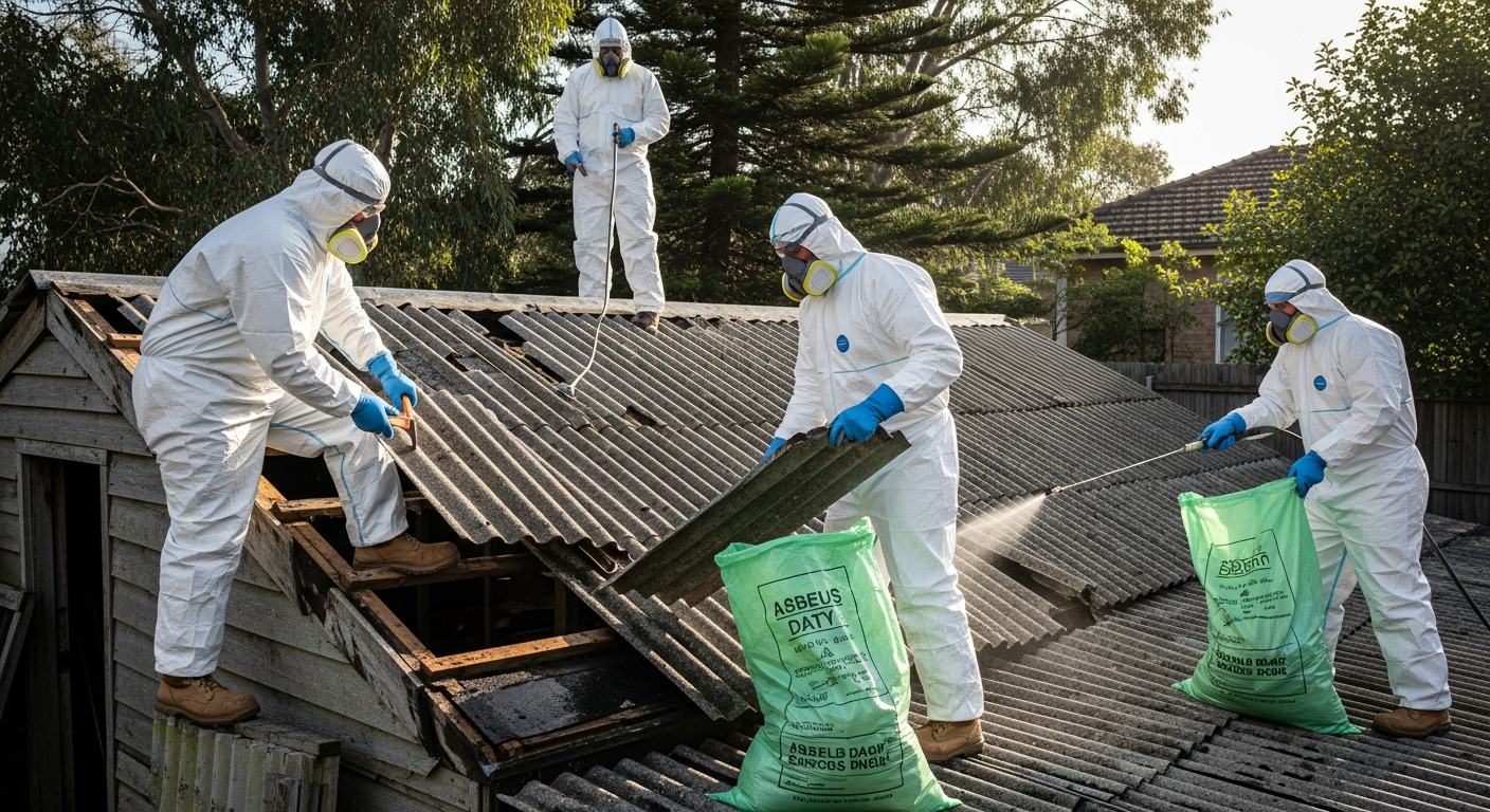 Asbestos shed roof removal team