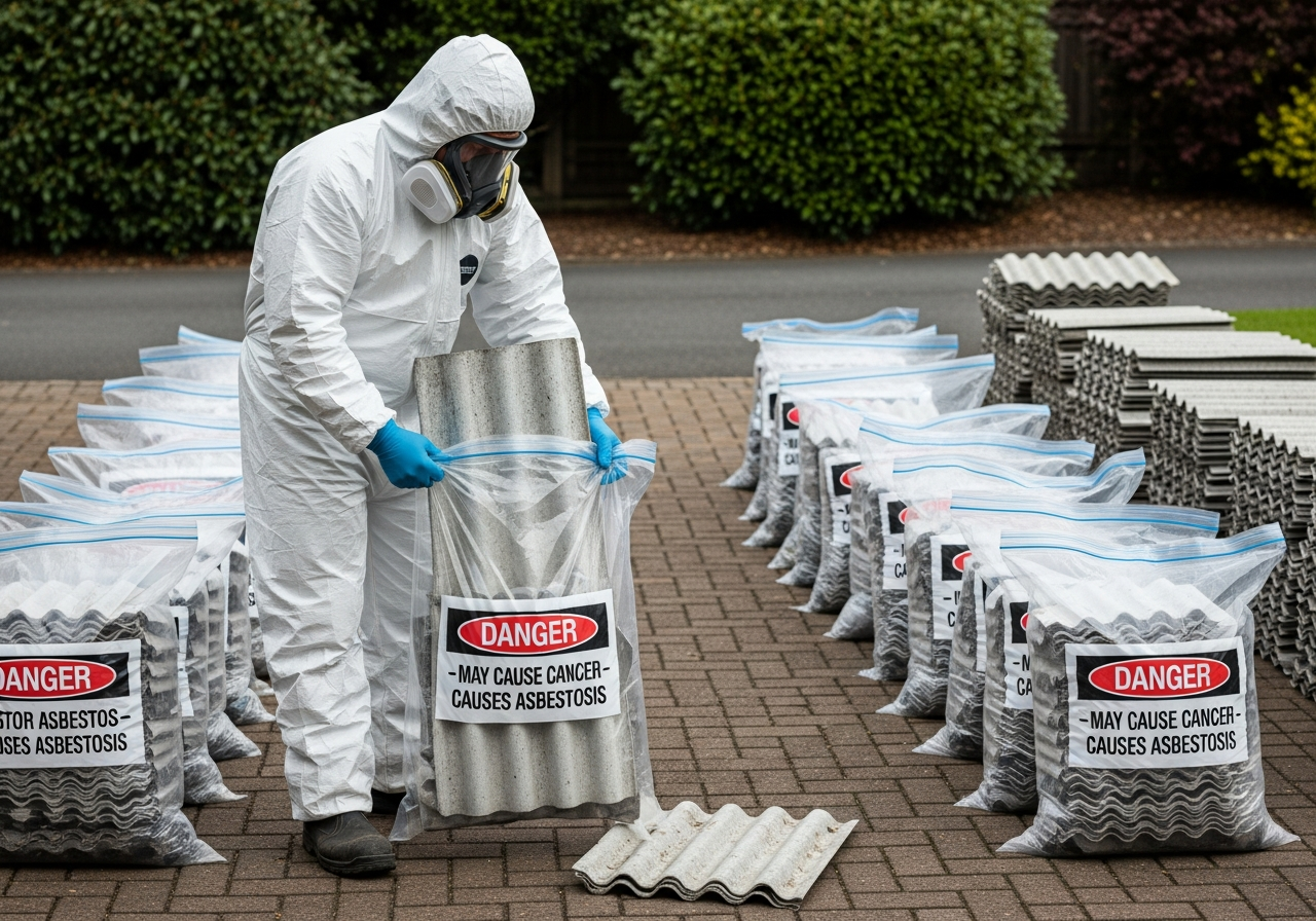 Double-bagged asbestos for disposal