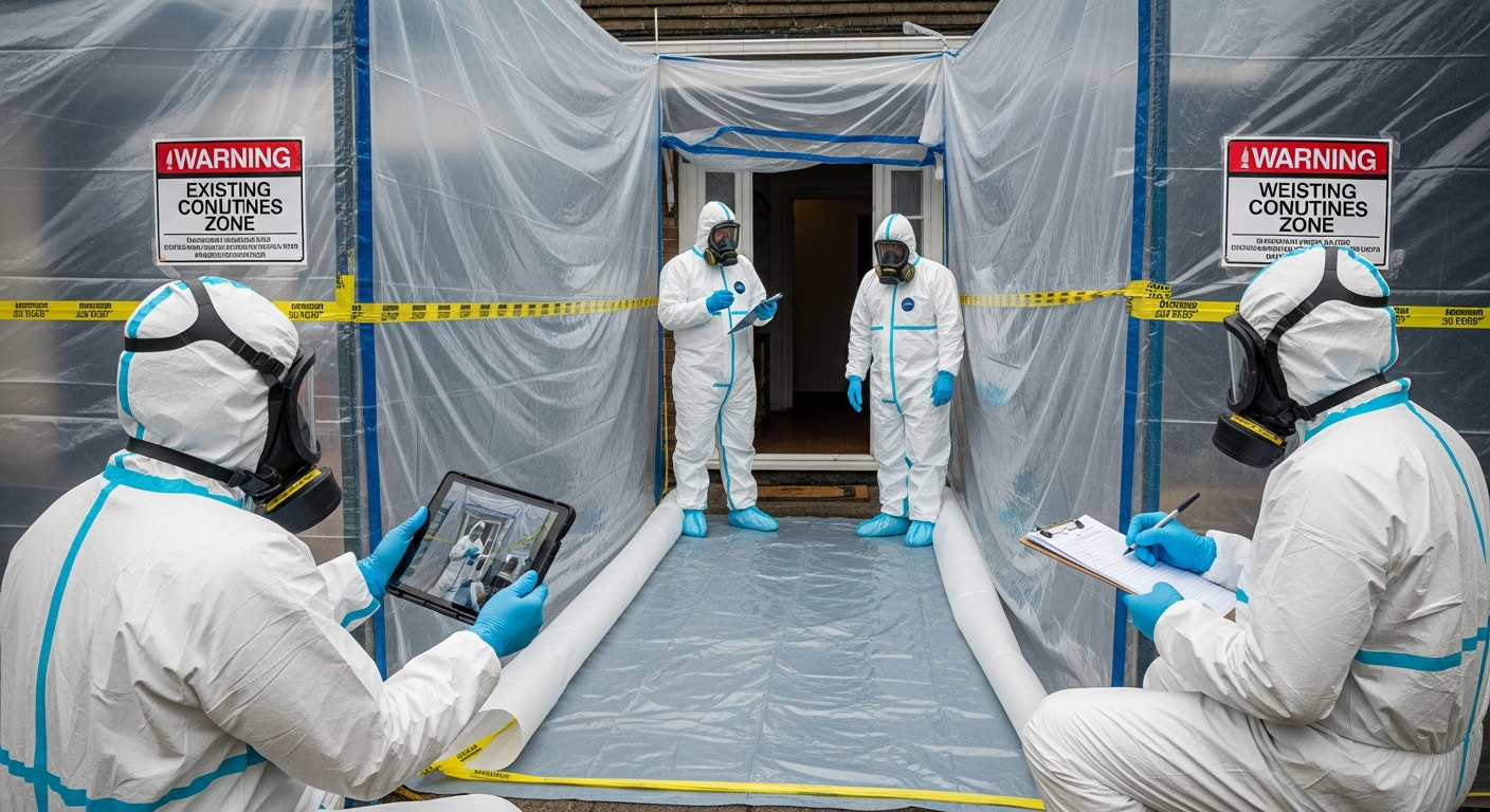 Asbestos removal crew preparing containment