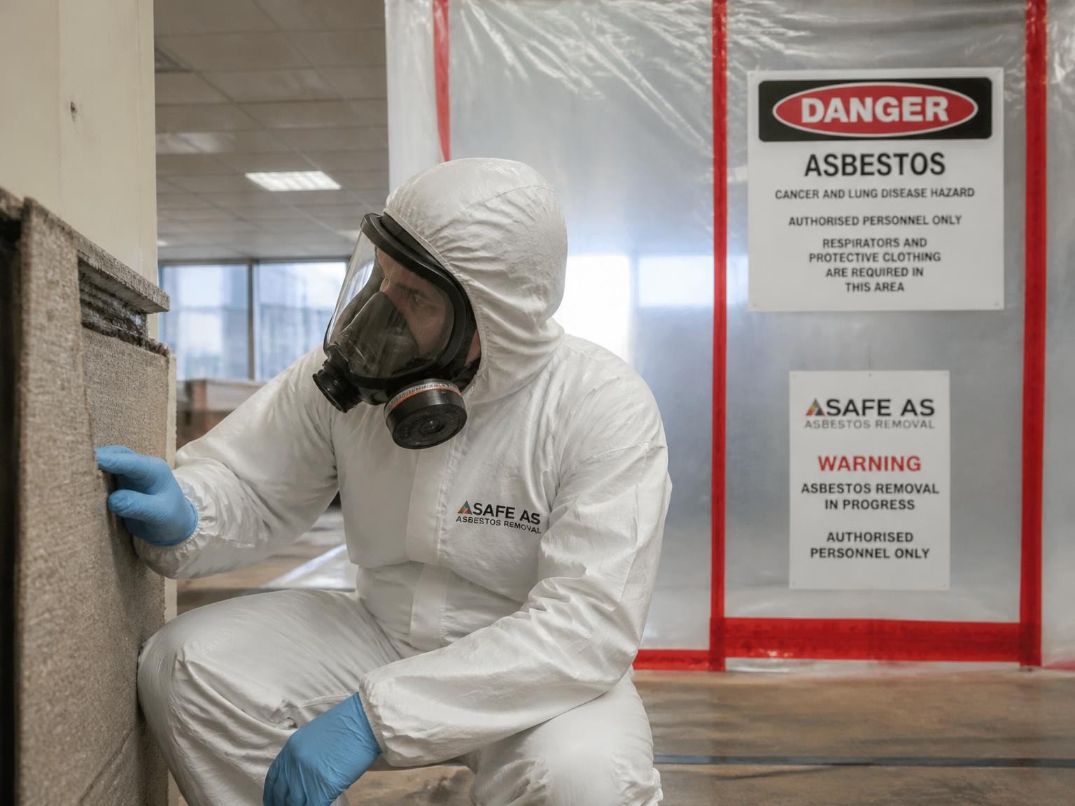 Professional asbestos removalist inspecting commercial asbestos materials
