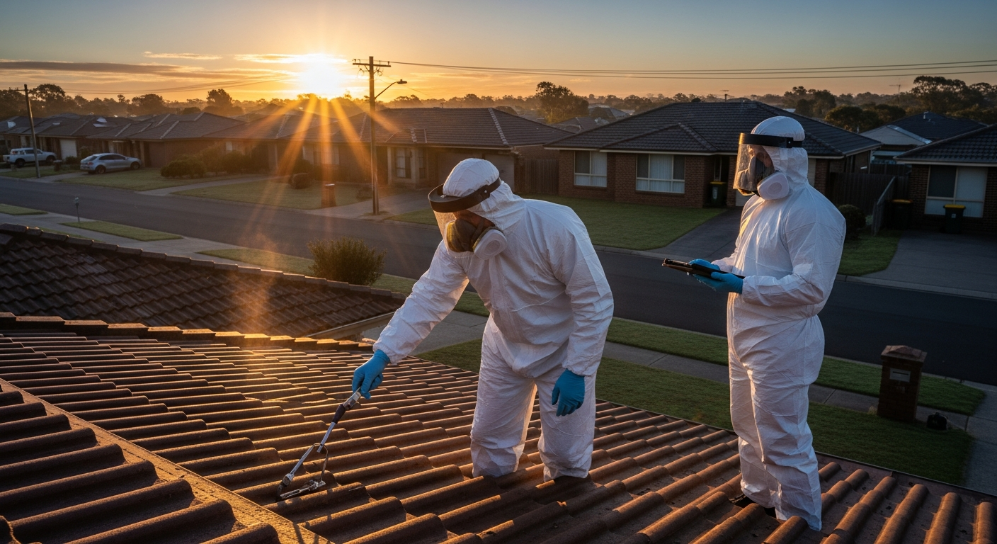Home asbestos removal team inspecting roof