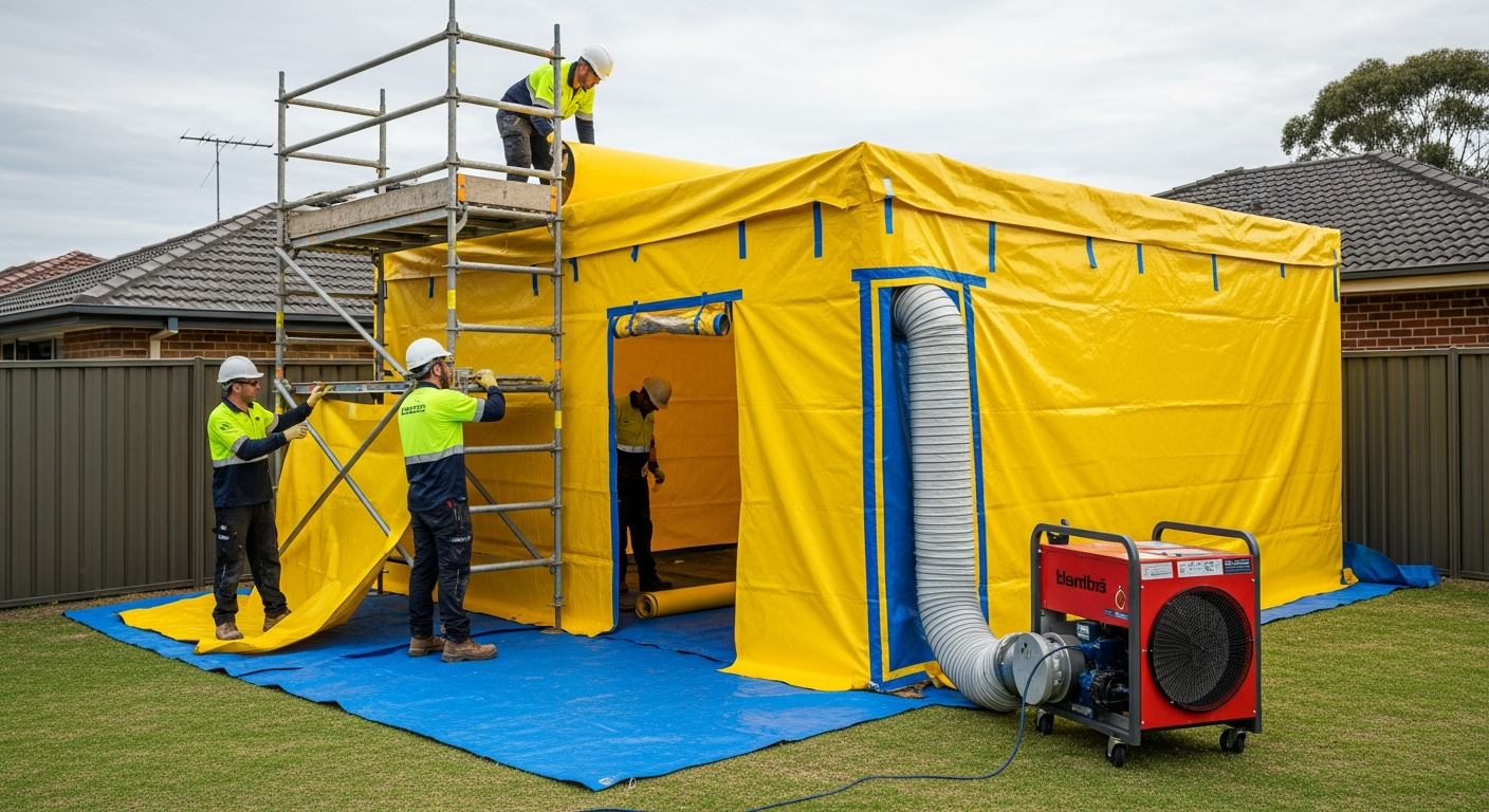 Containing asbestos with enclosure and negative pressure