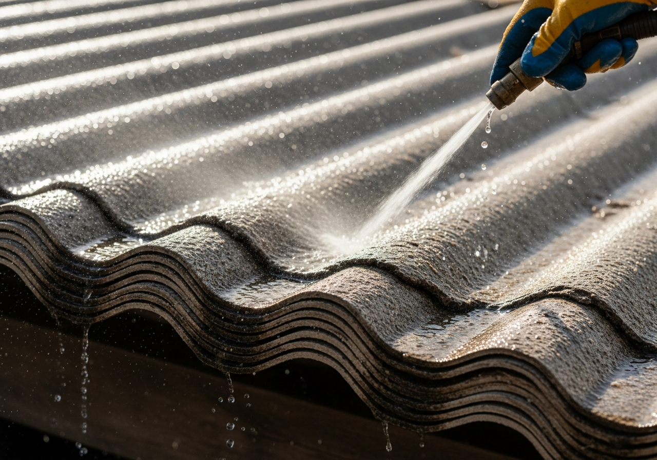Corrugated asbestos sheeting close-up