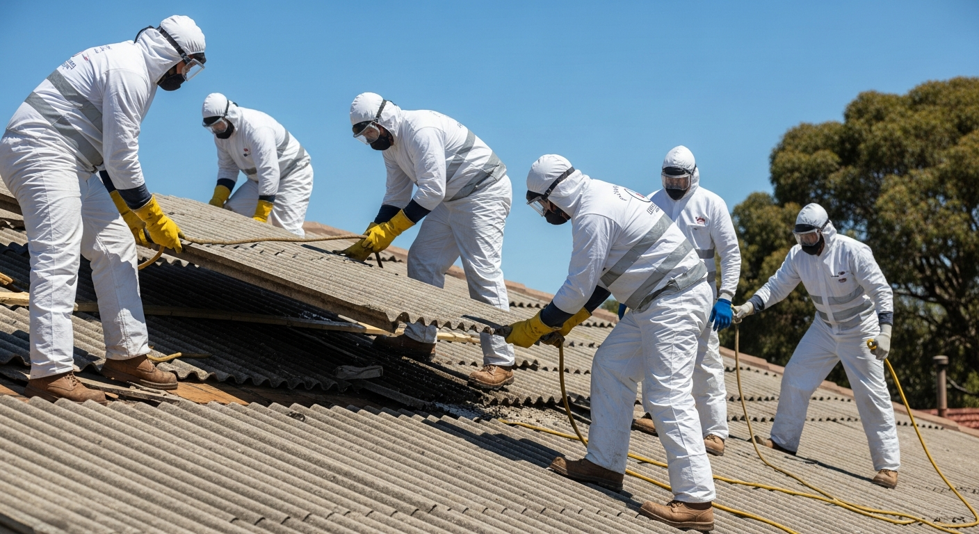 Asbestos roof removal team