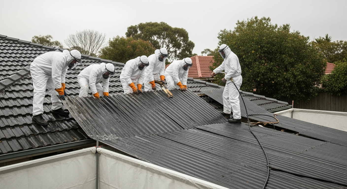Asbestos roof removal team