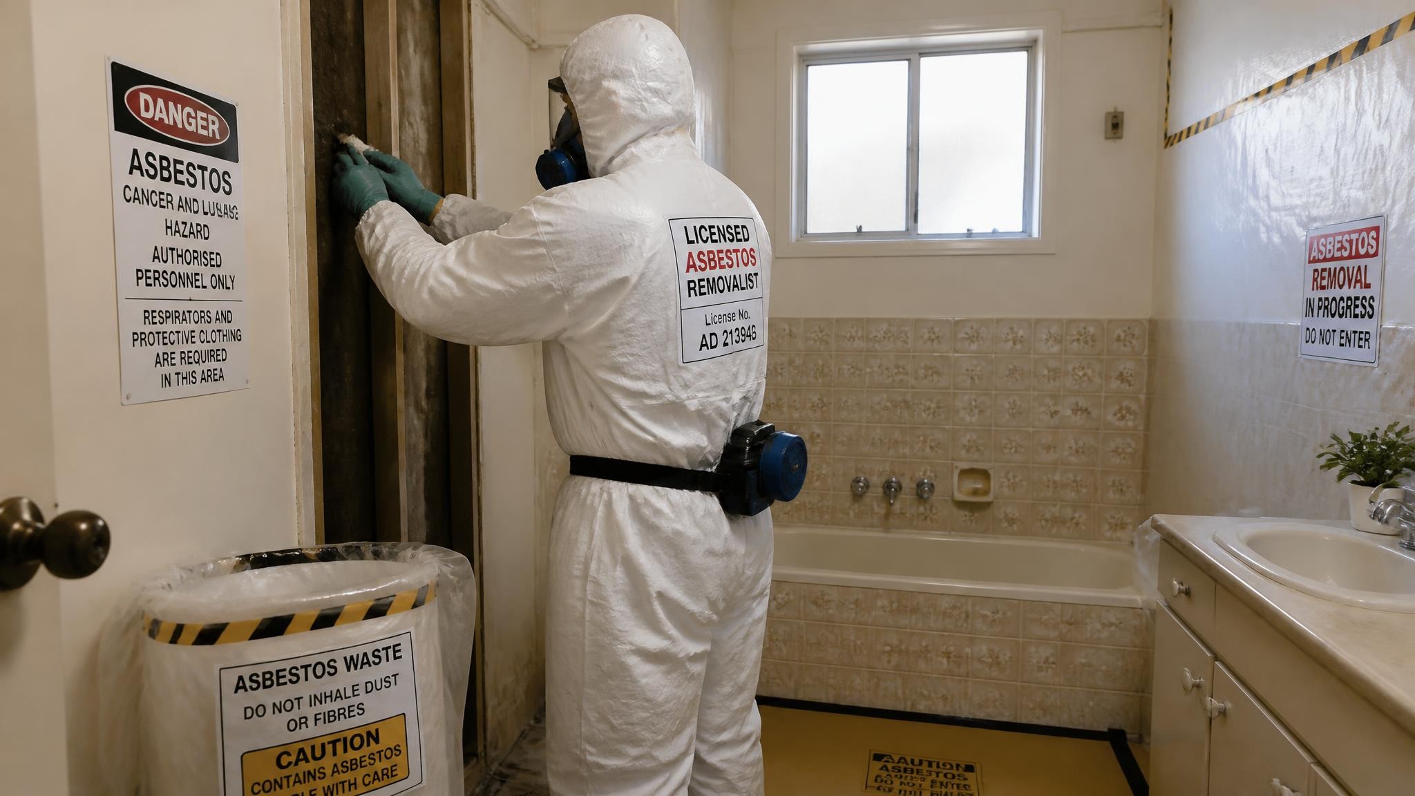 Asbestos removal in an older bathroom