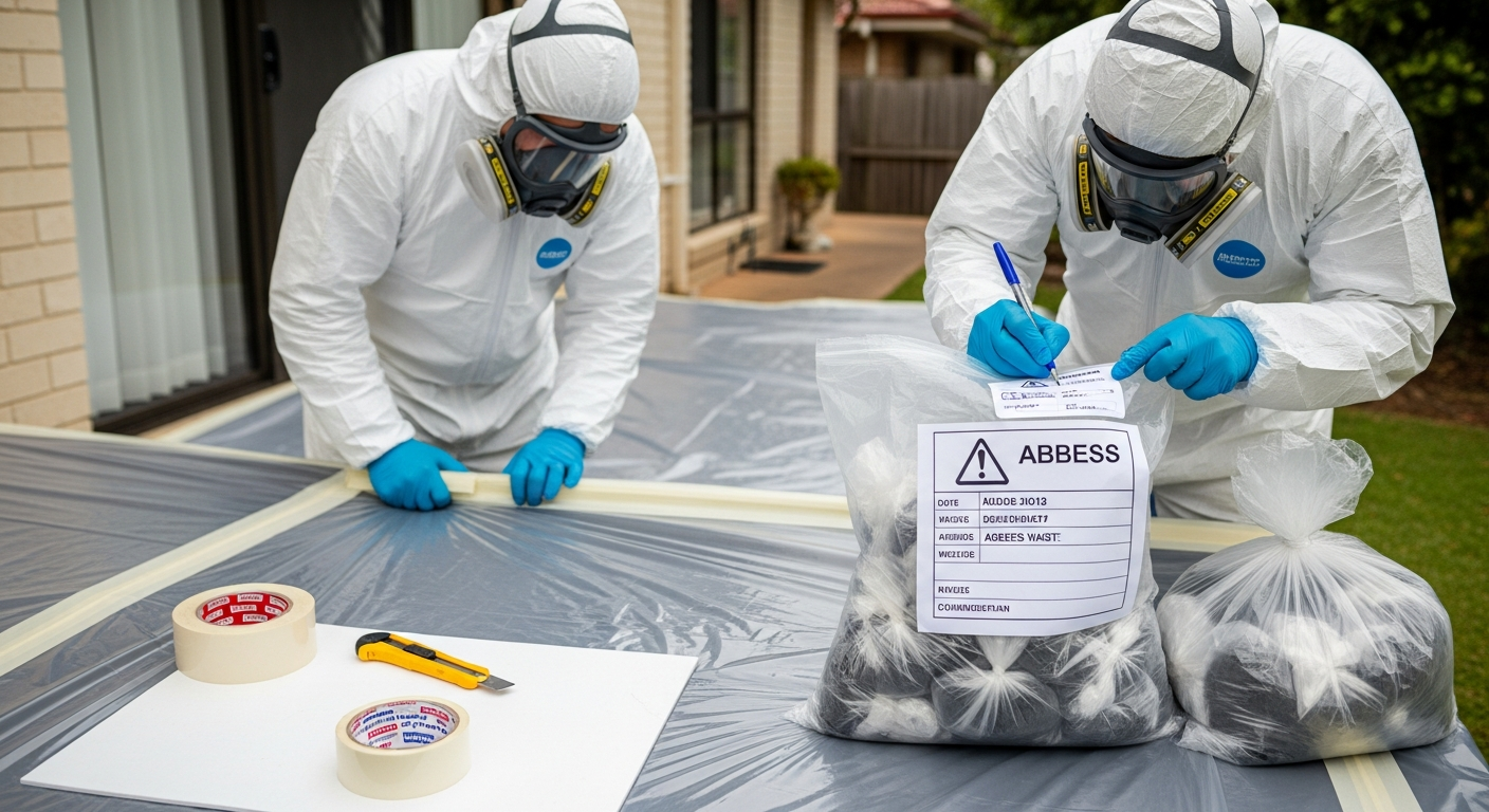 Asbestos removal crew preparing containment