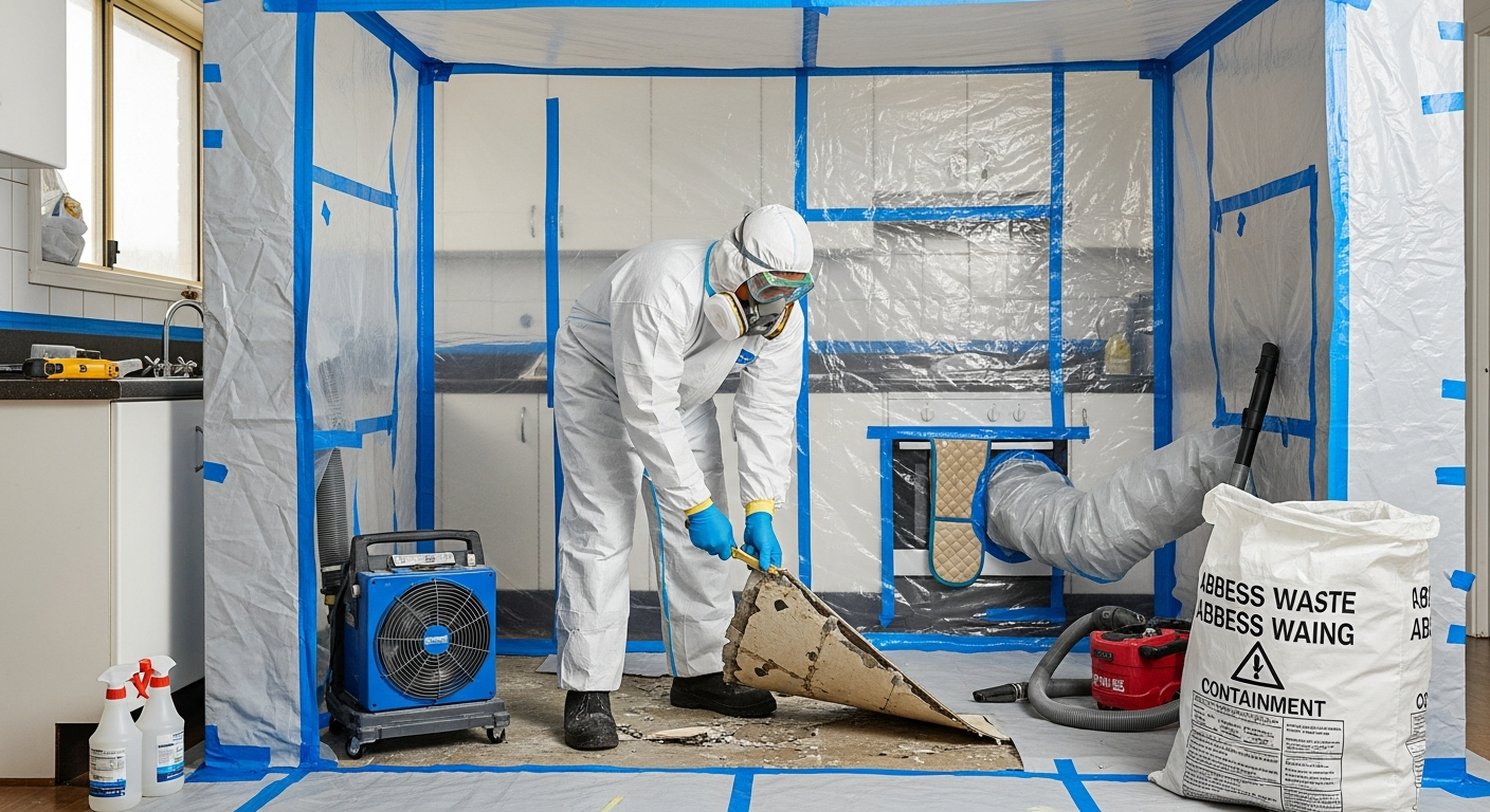 Asbestos tile removal in a home