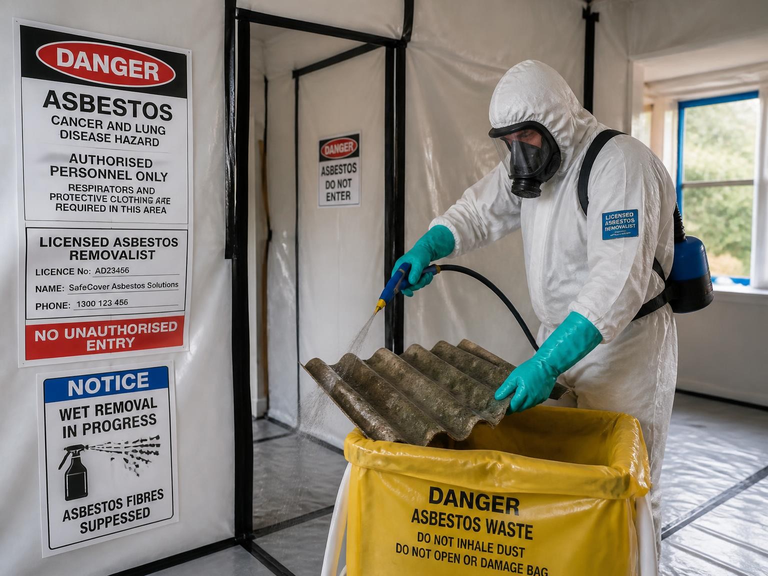 Licensed asbestos removal using PPE and wet methods