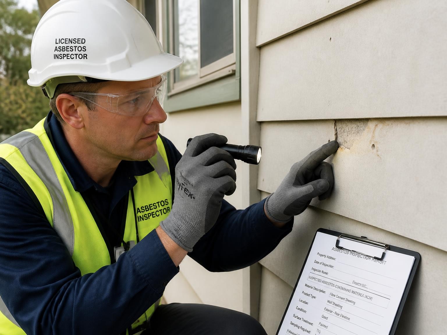Professional asbestos inspector examining suspected asbestos wall sheeting
