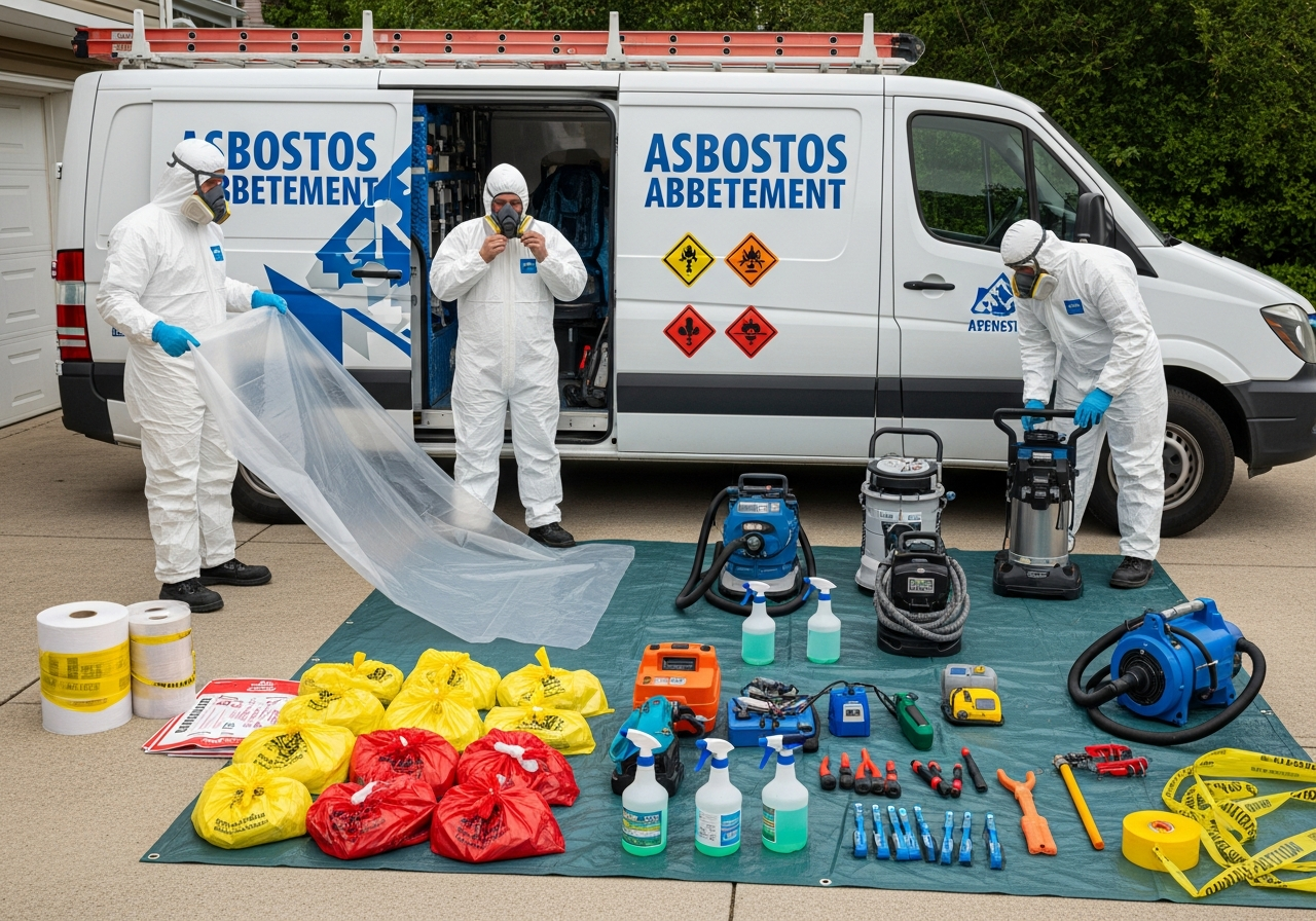 Asbestos removal team preparing equipment