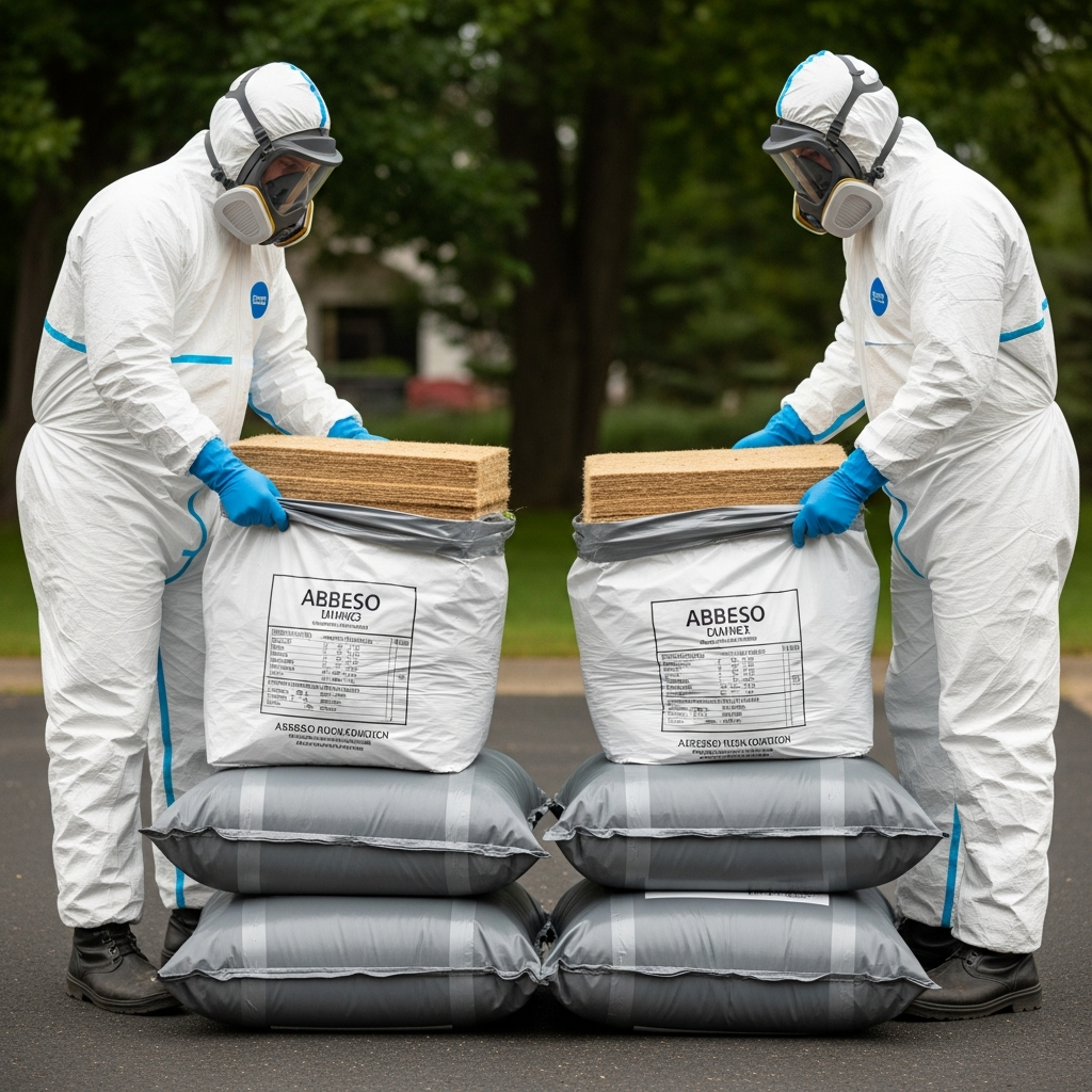 Double-bagged asbestos ready for disposal