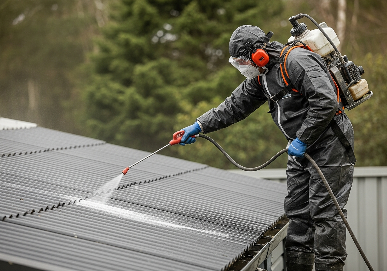 Wet-method preparation for asbestos shed roof