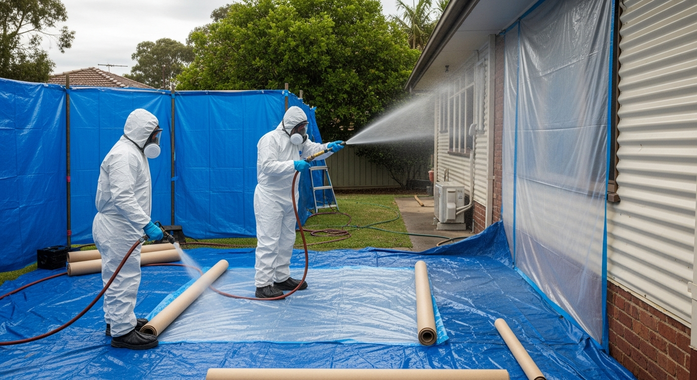 Asbestos removal specialists setting up containment