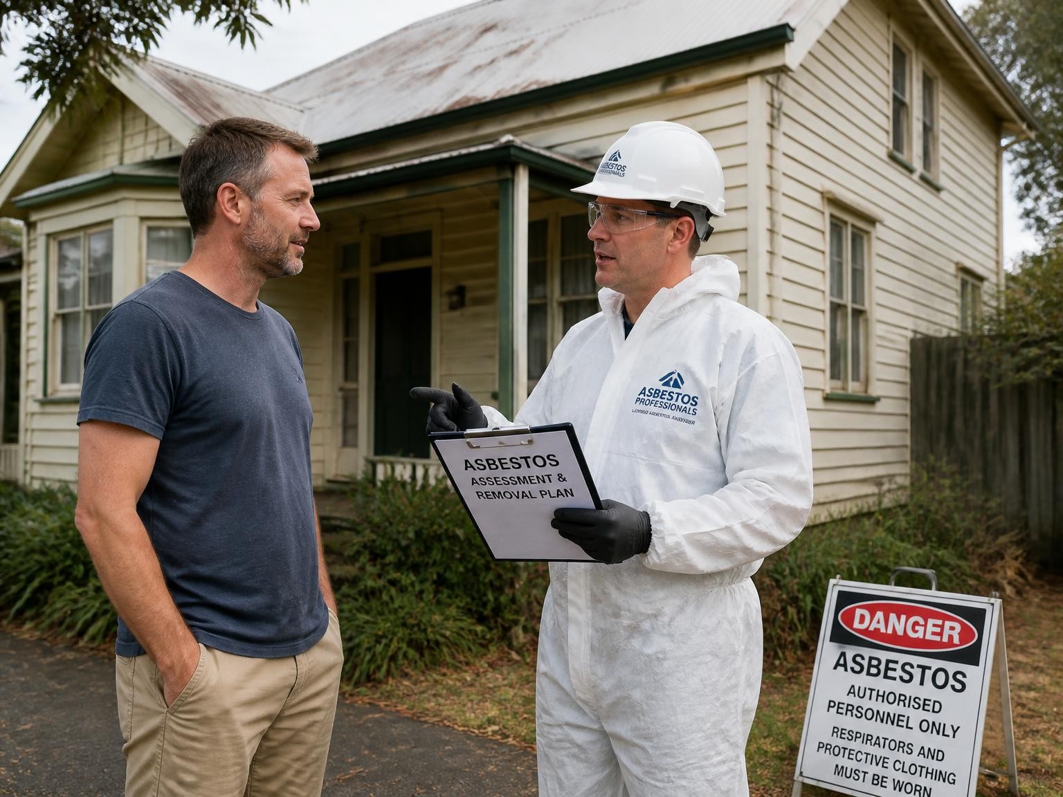 Homeowner discussing an asbestos assessment with a licensed removal professional