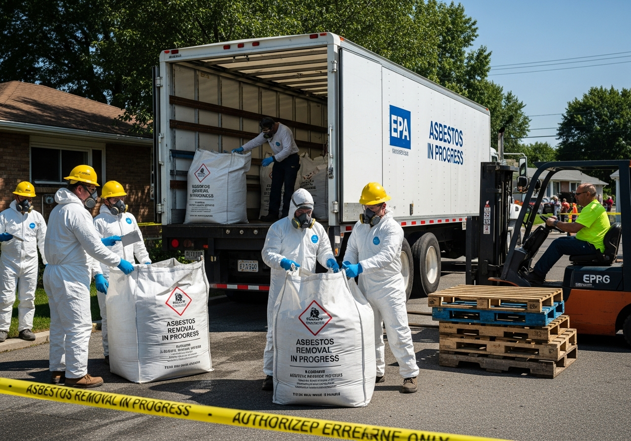 Asbestos removal truck and crew