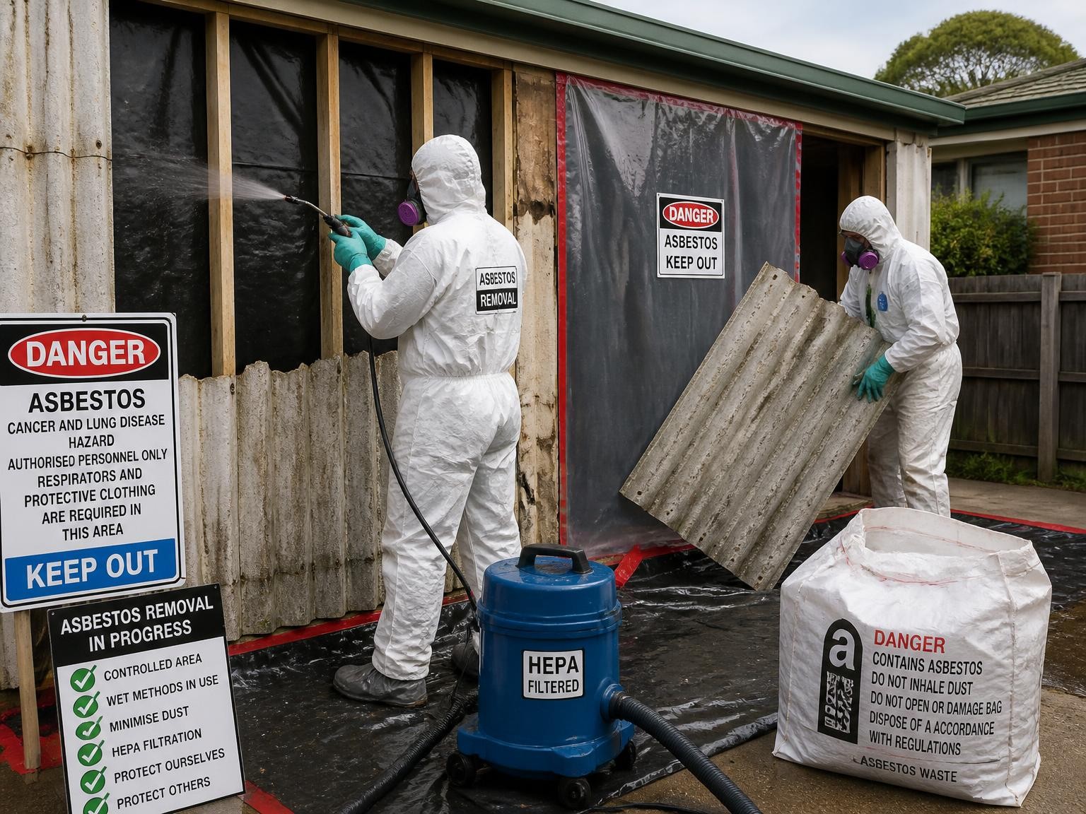 Controlled asbestos garage dismantling using wet methods