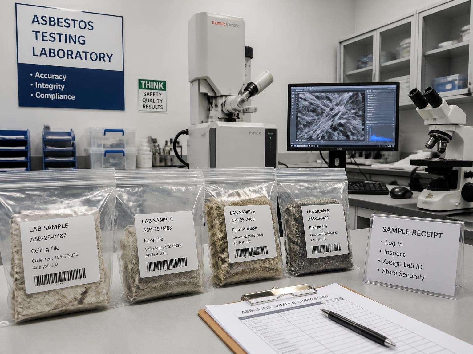 Asbestos testing laboratory with sealed samples