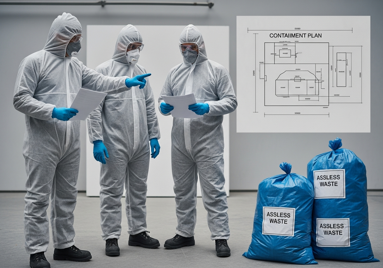 Team checking asbestos removal plan and paperwork