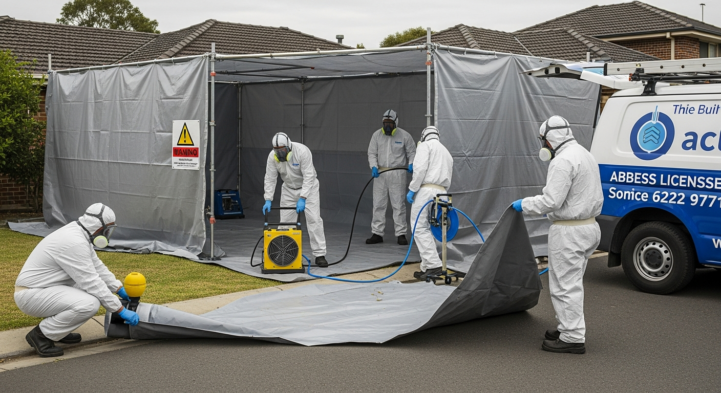Asbestos abatement team setting up containment