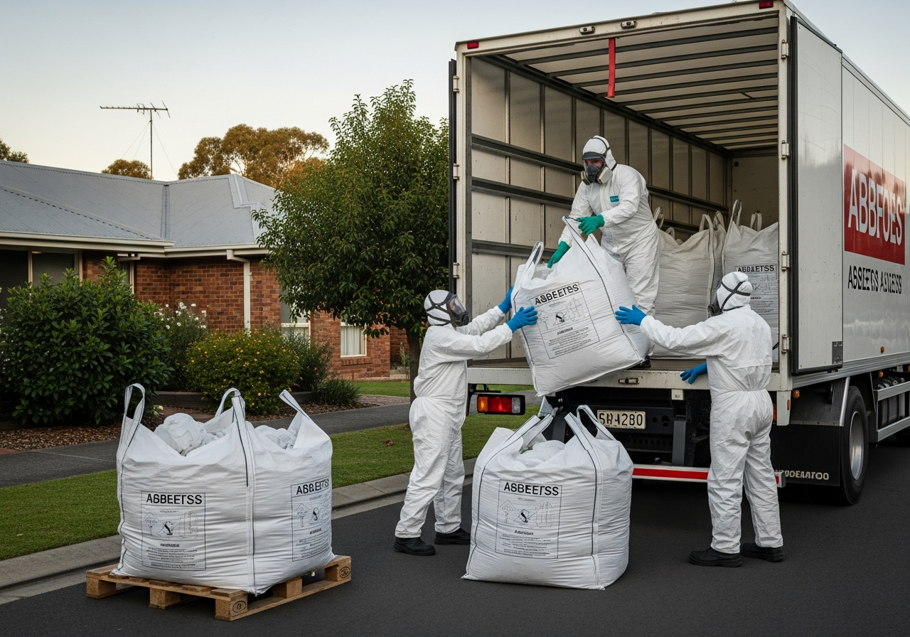 Asbestos removal team loading waste