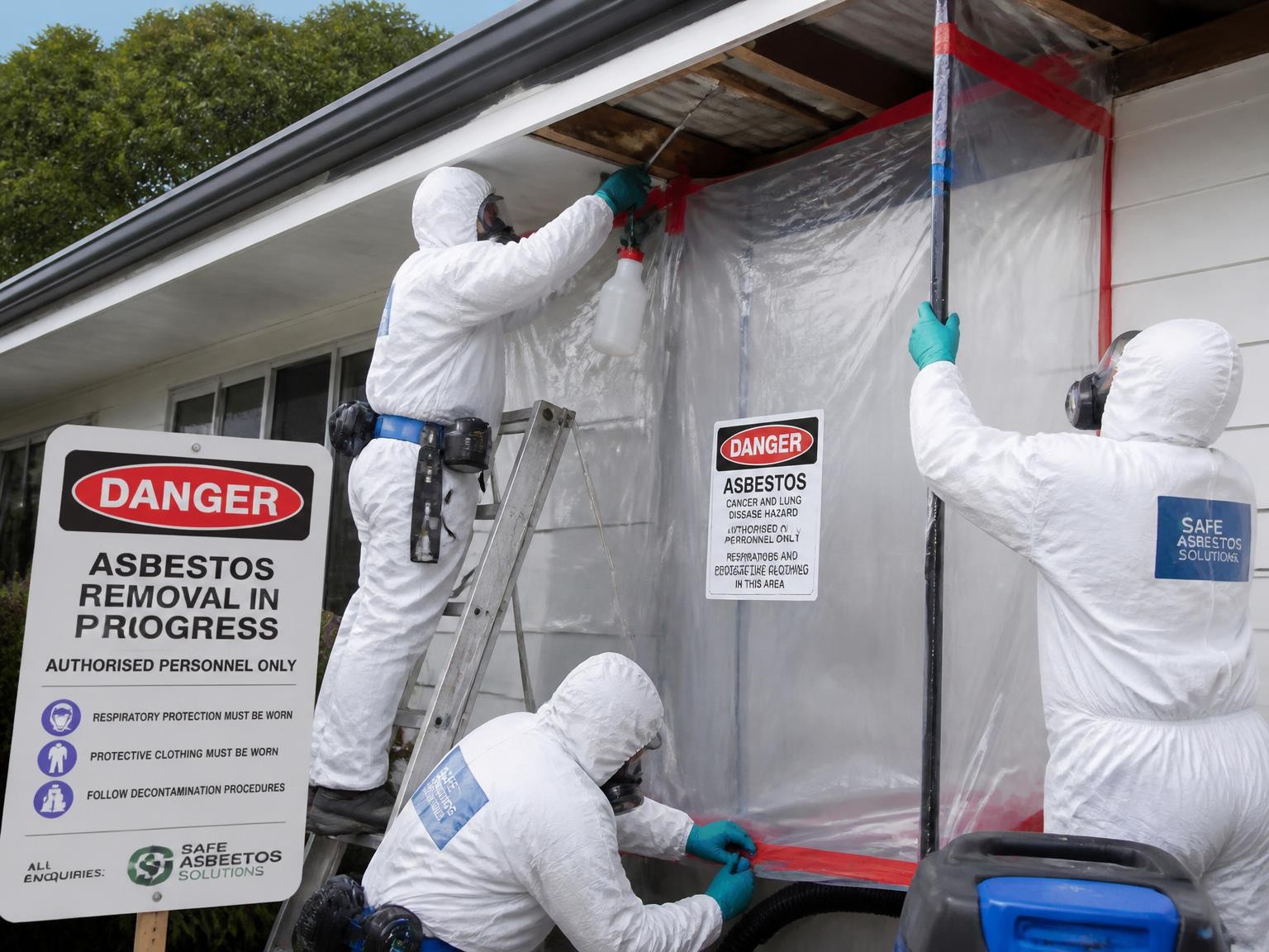 Wet-method asbestos eaves removal and containment