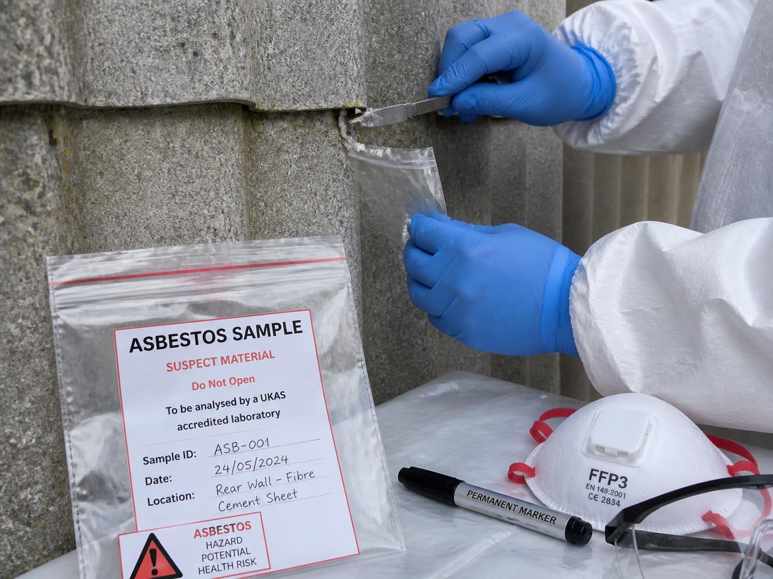 Suspected asbestos material prepared for sample collection