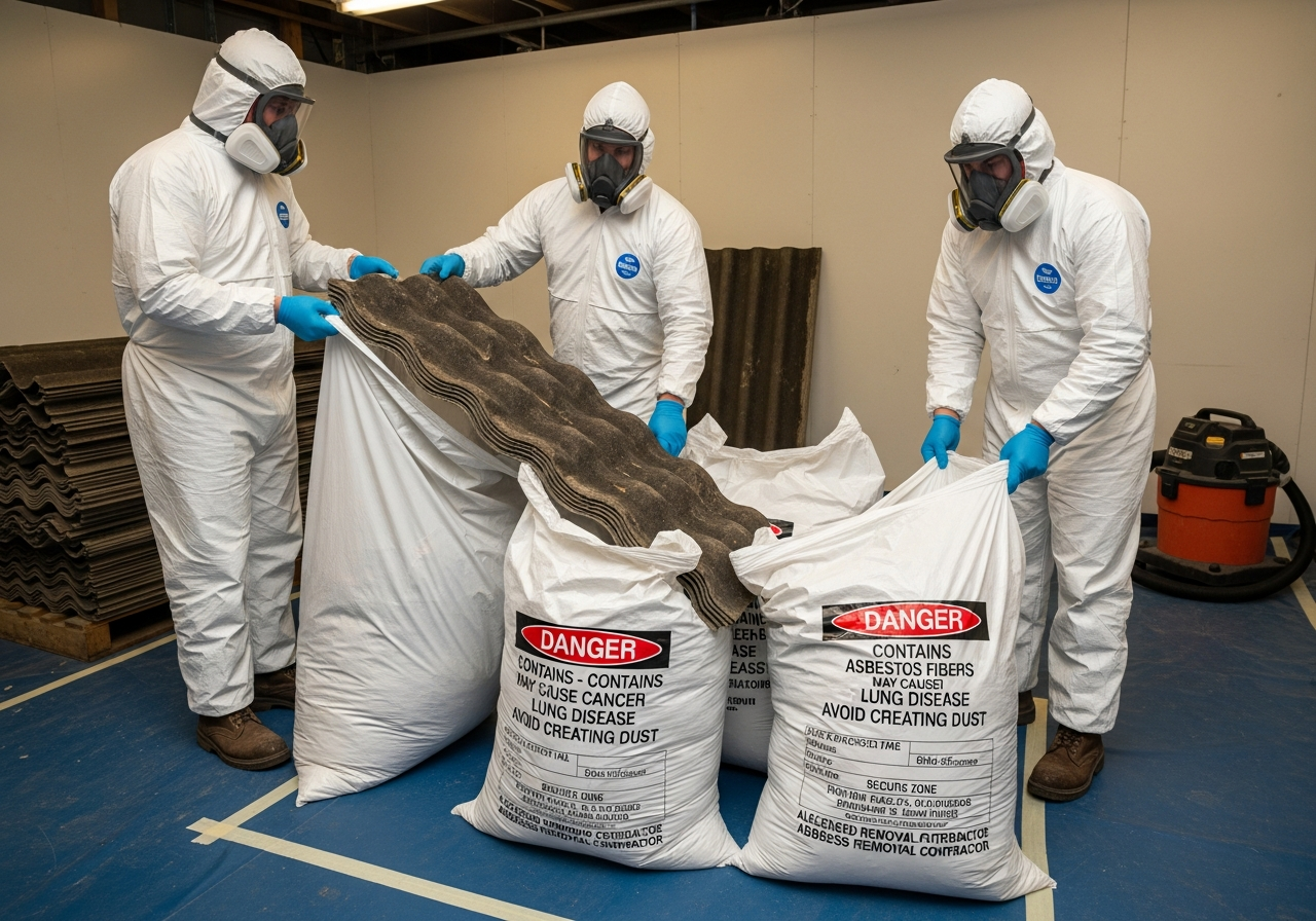 Bagging asbestos roof sheets