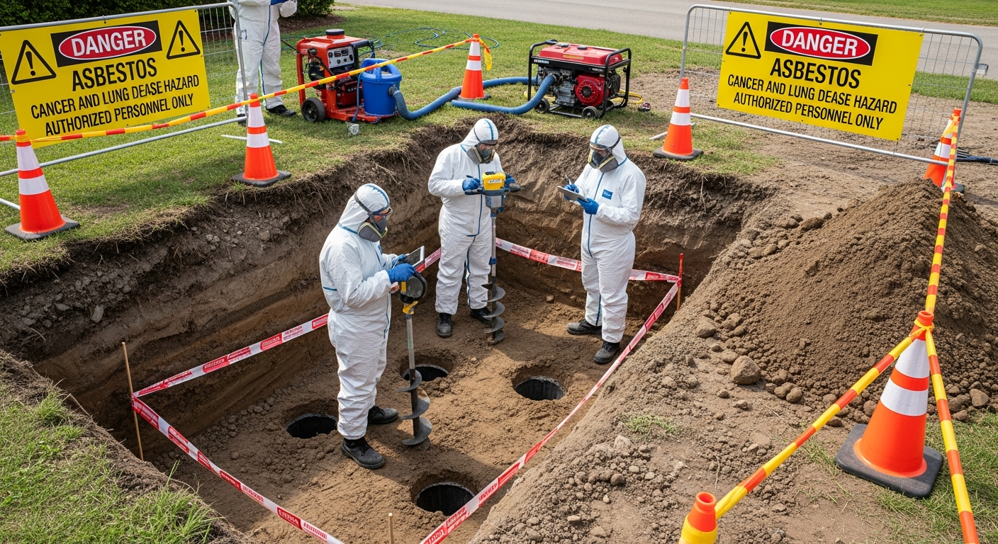 Asbestos soil removal team inspecting site