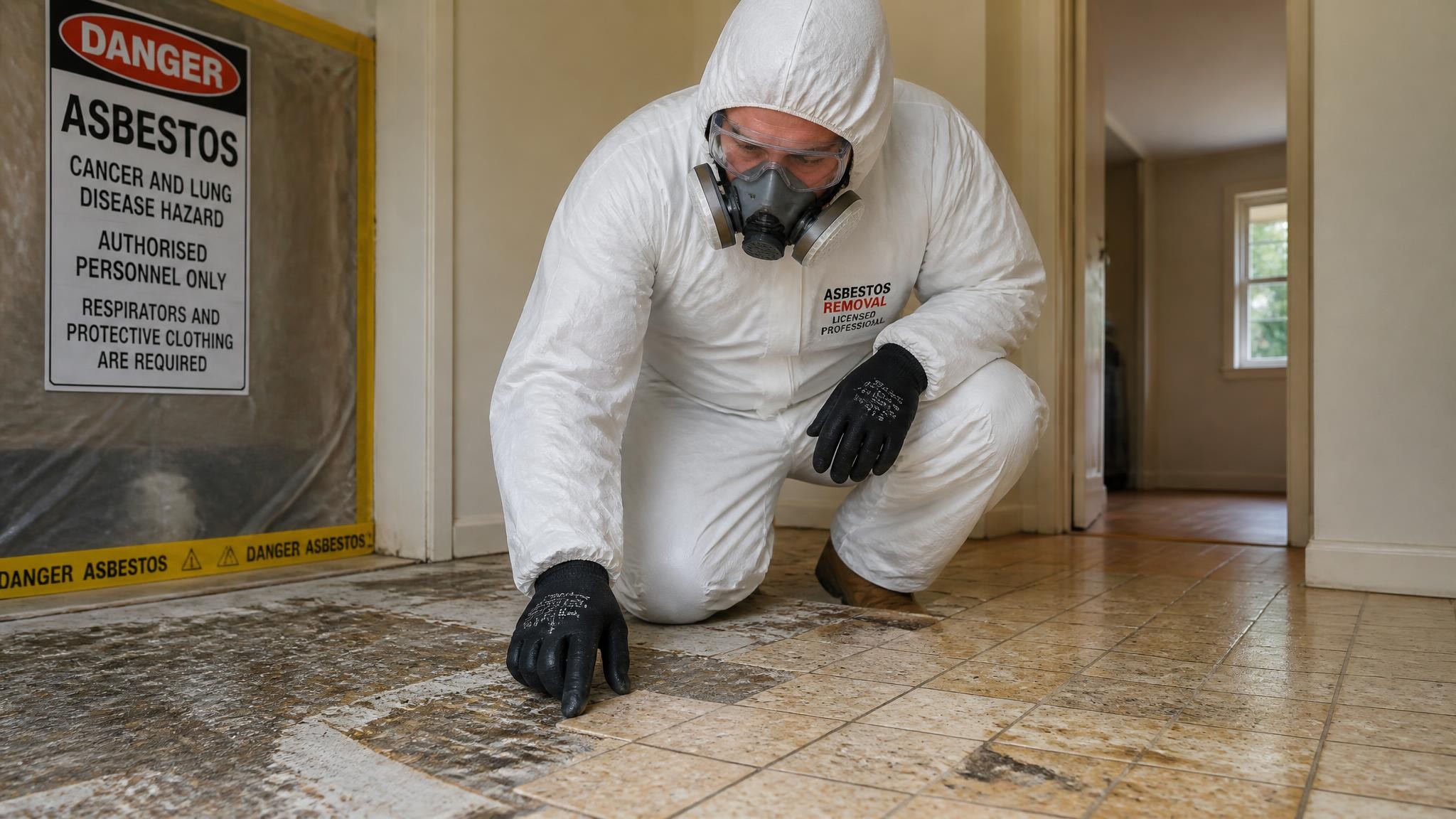 Professional assessing possible asbestos under tiles