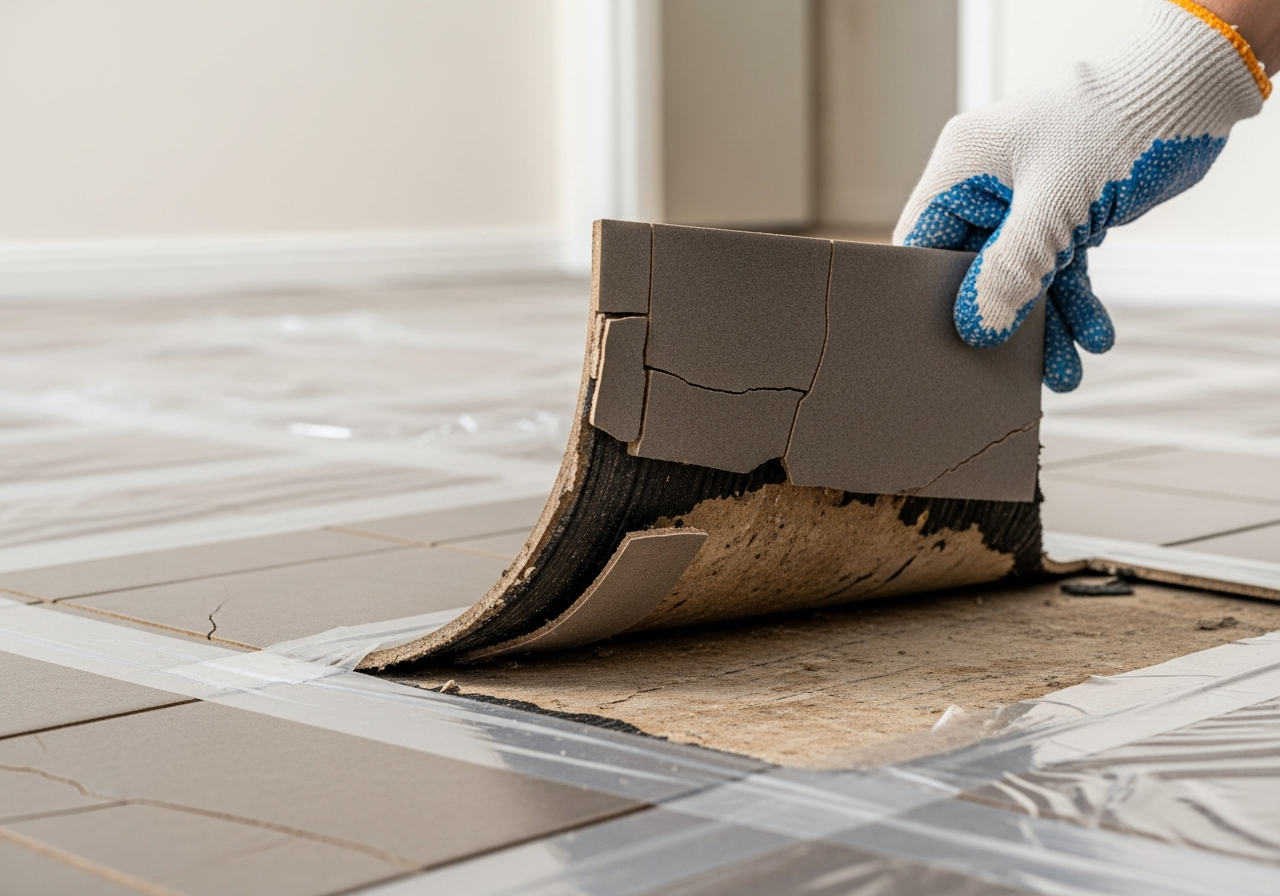 Cracked vinyl tiles being removed
