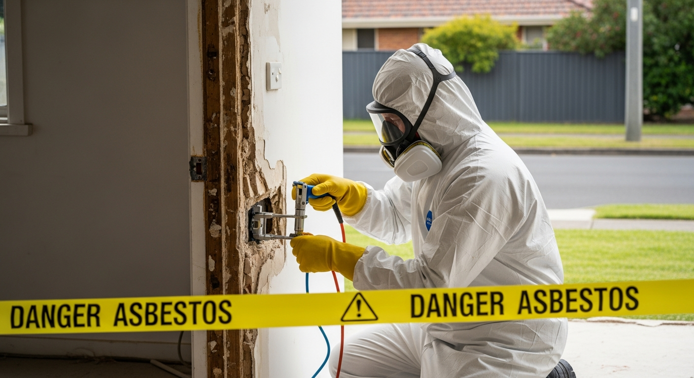 Asbestos testing technician taking sample