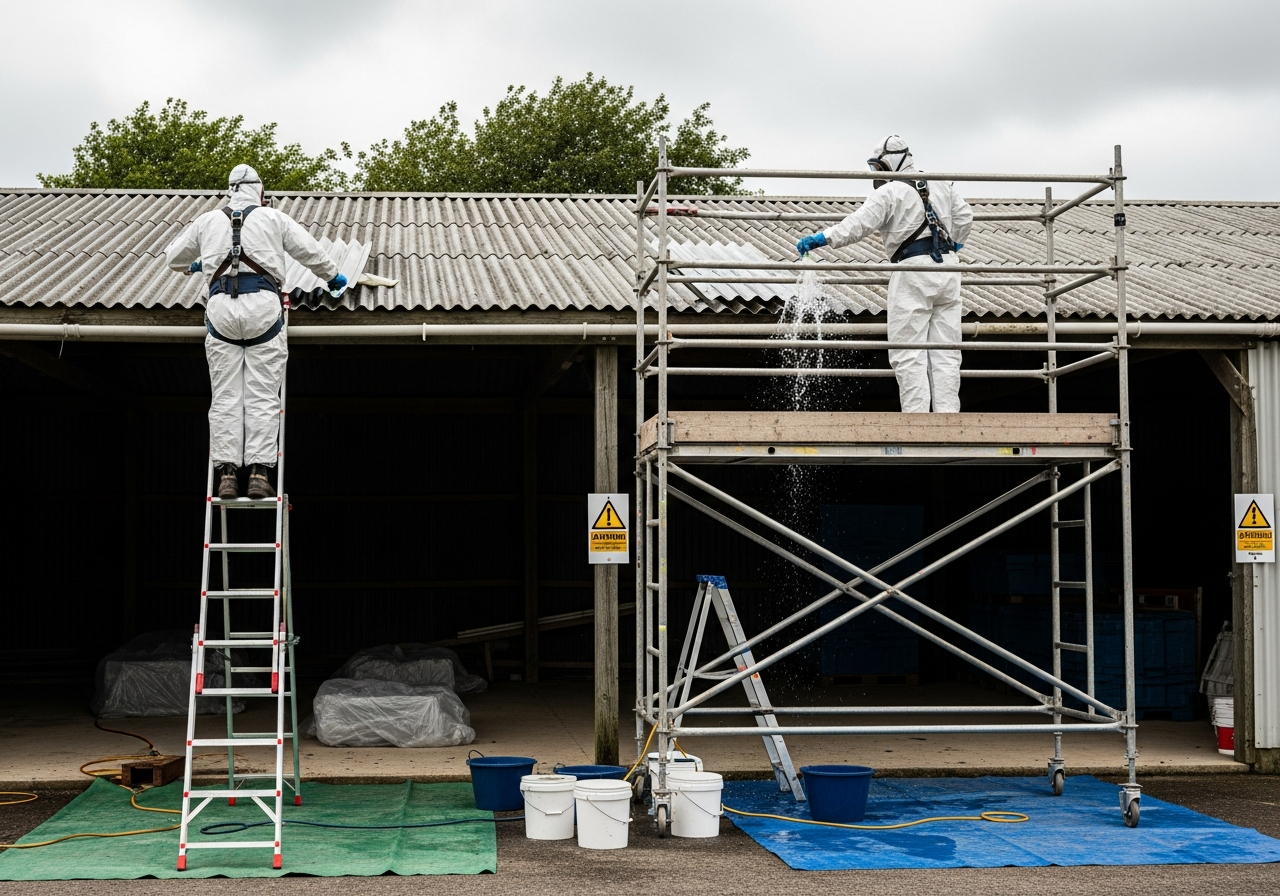 Removal team working on shed roof