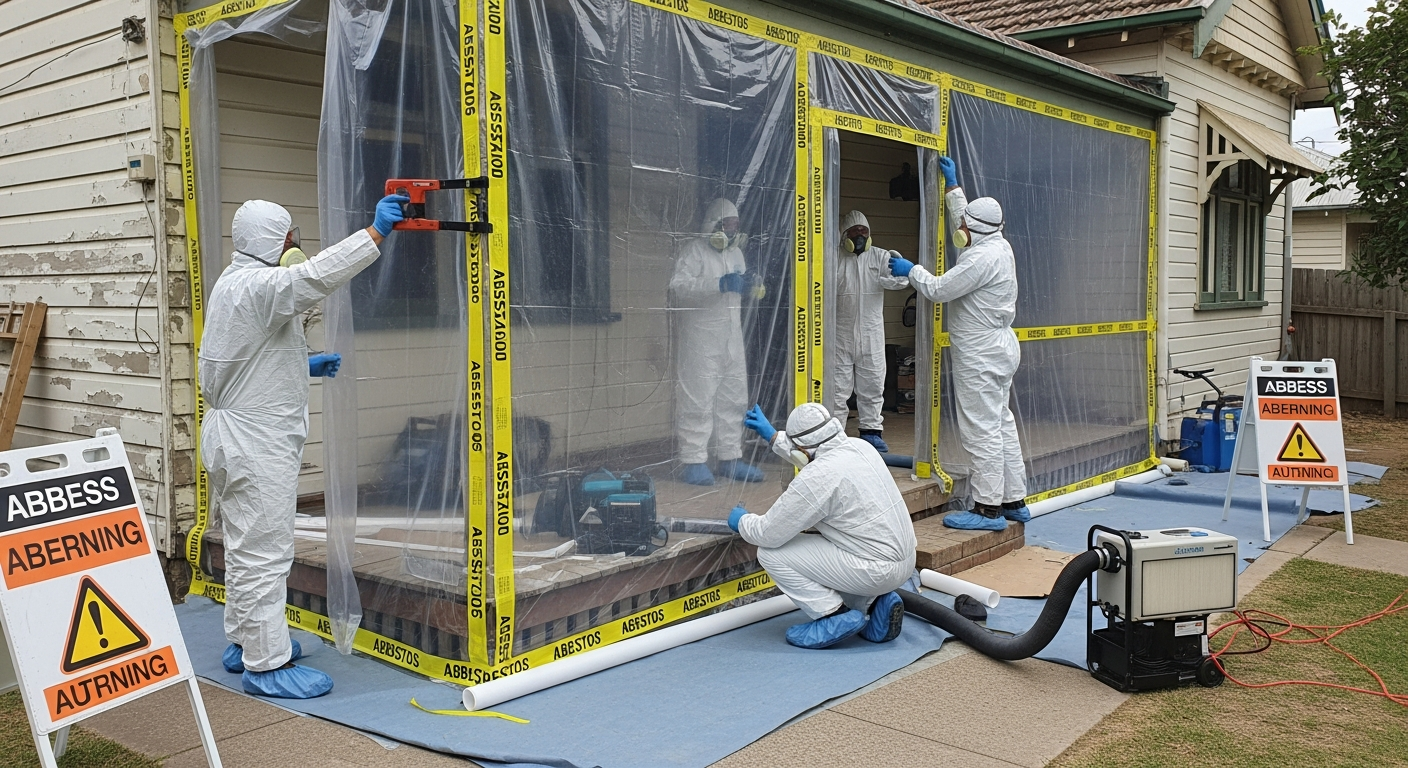 Asbestos abatement professionals at work