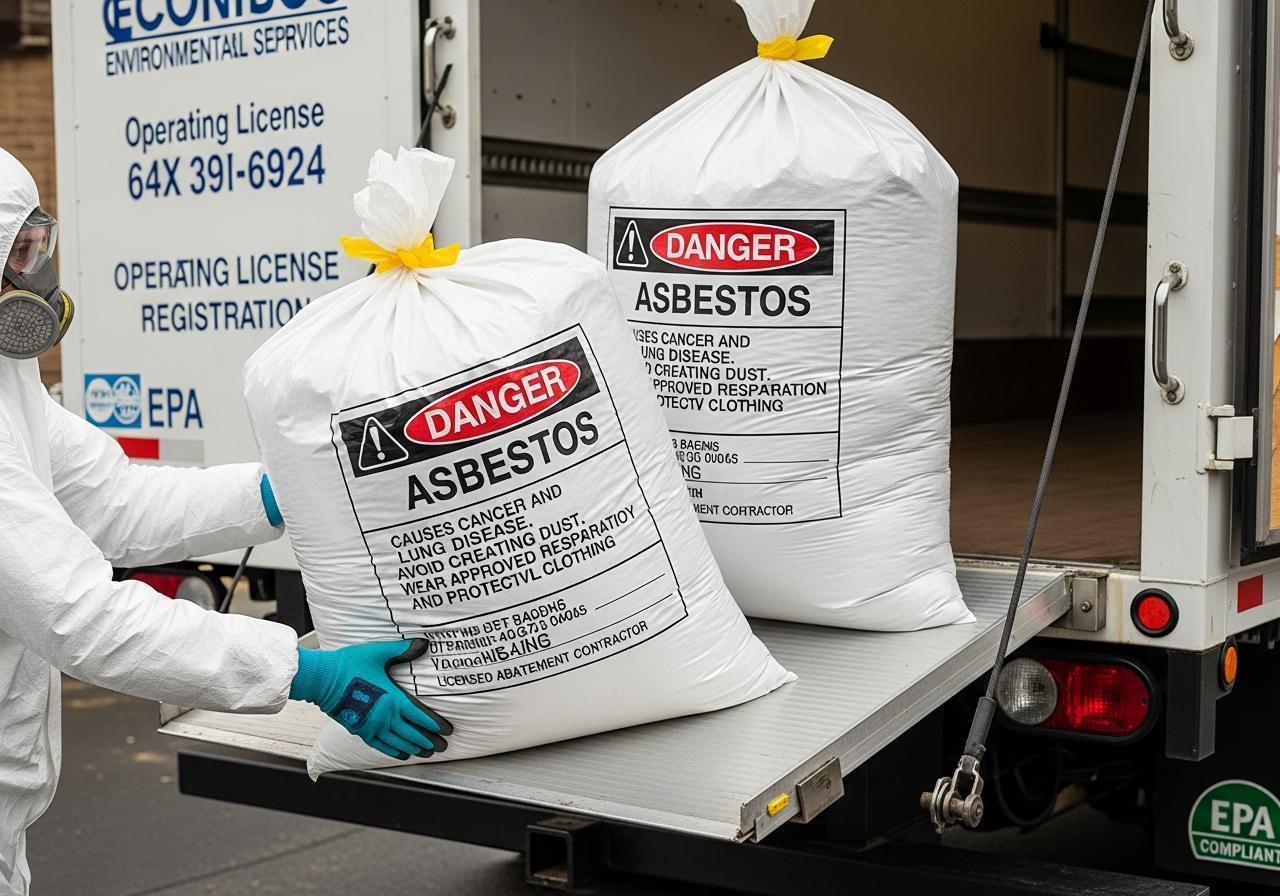 Double-bagged asbestos waste labelled for transport