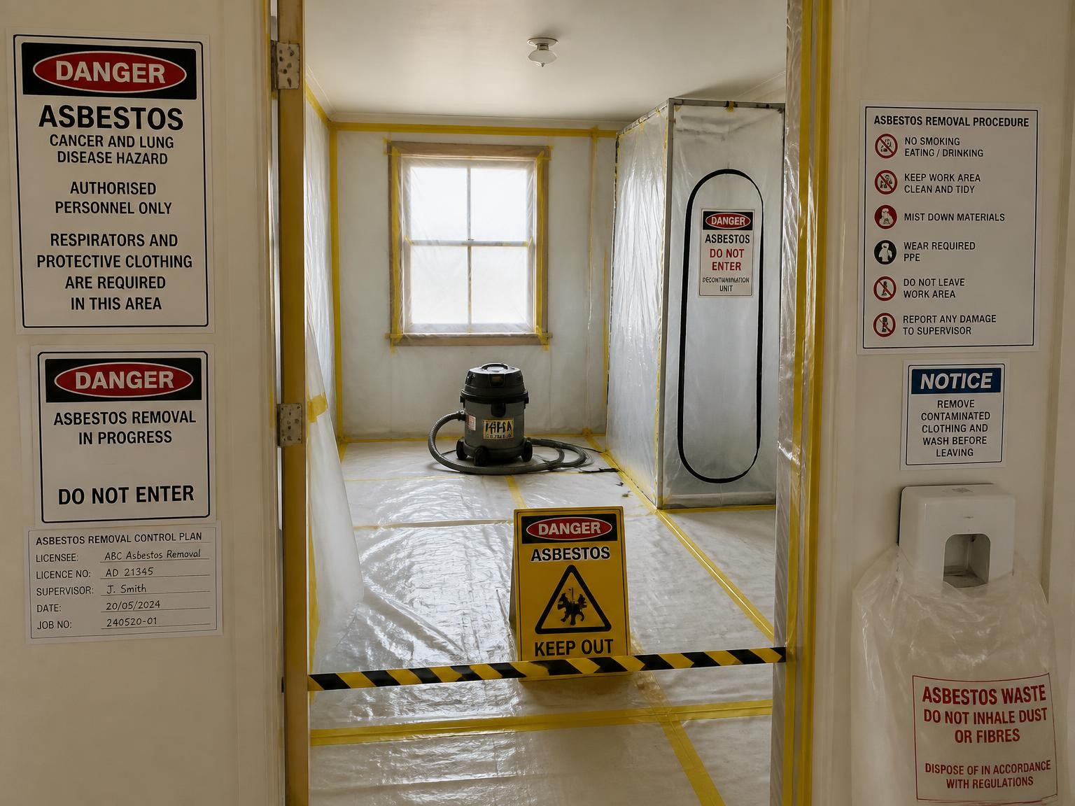 Controlled work area for residential asbestos flooring removal
