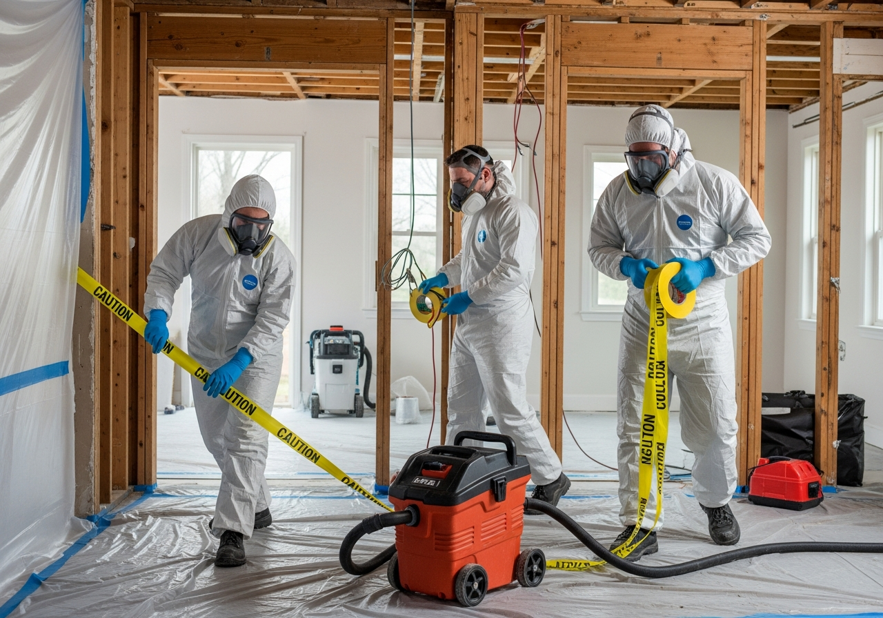 Asbestos removal team preparing containment
