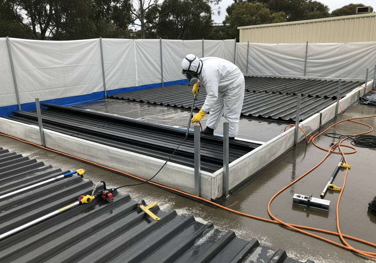Licensed asbestos contractor preparing containment
