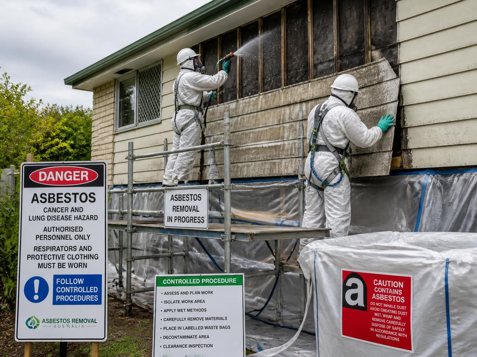 Controlled asbestos cladding removal using wet methods