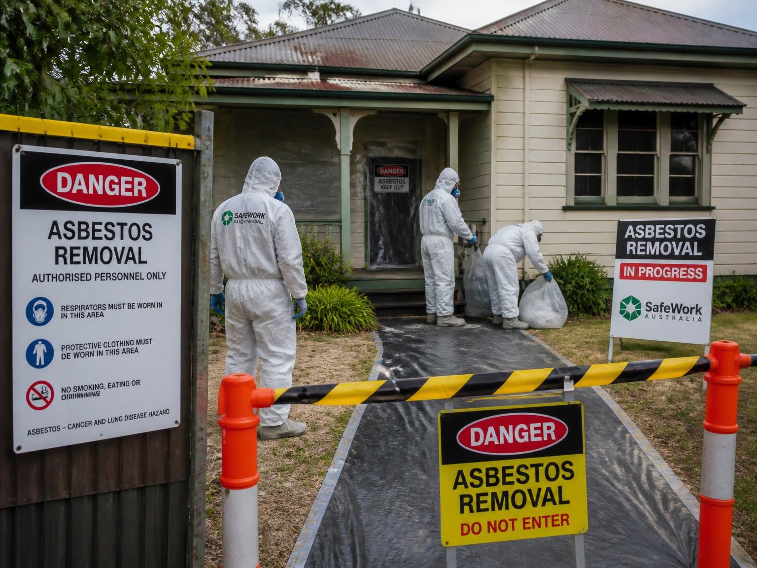 Asbestos removal team preparing a controlled work area